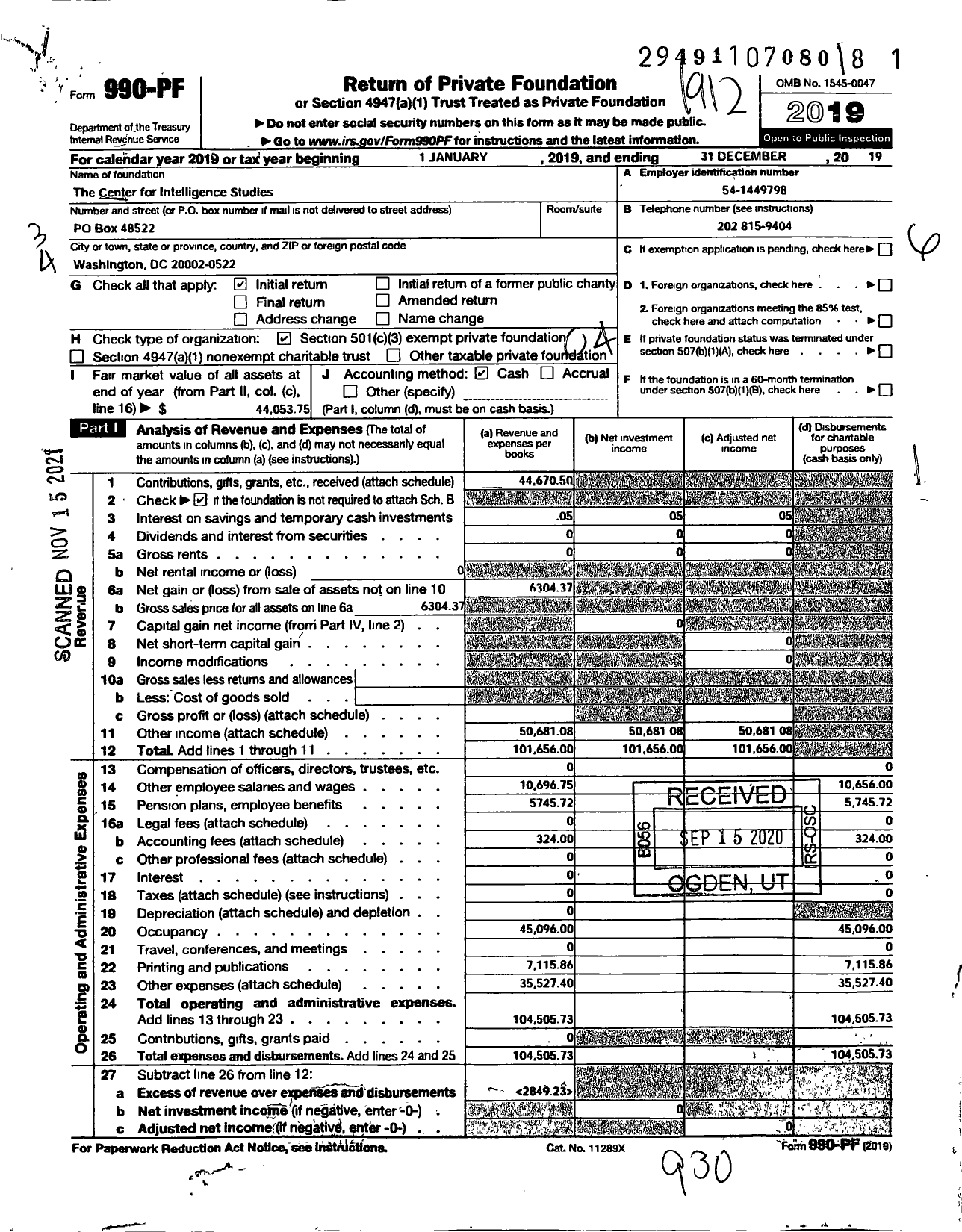 Image of first page of 2019 Form 990PF for The Center for Intelligence Studies