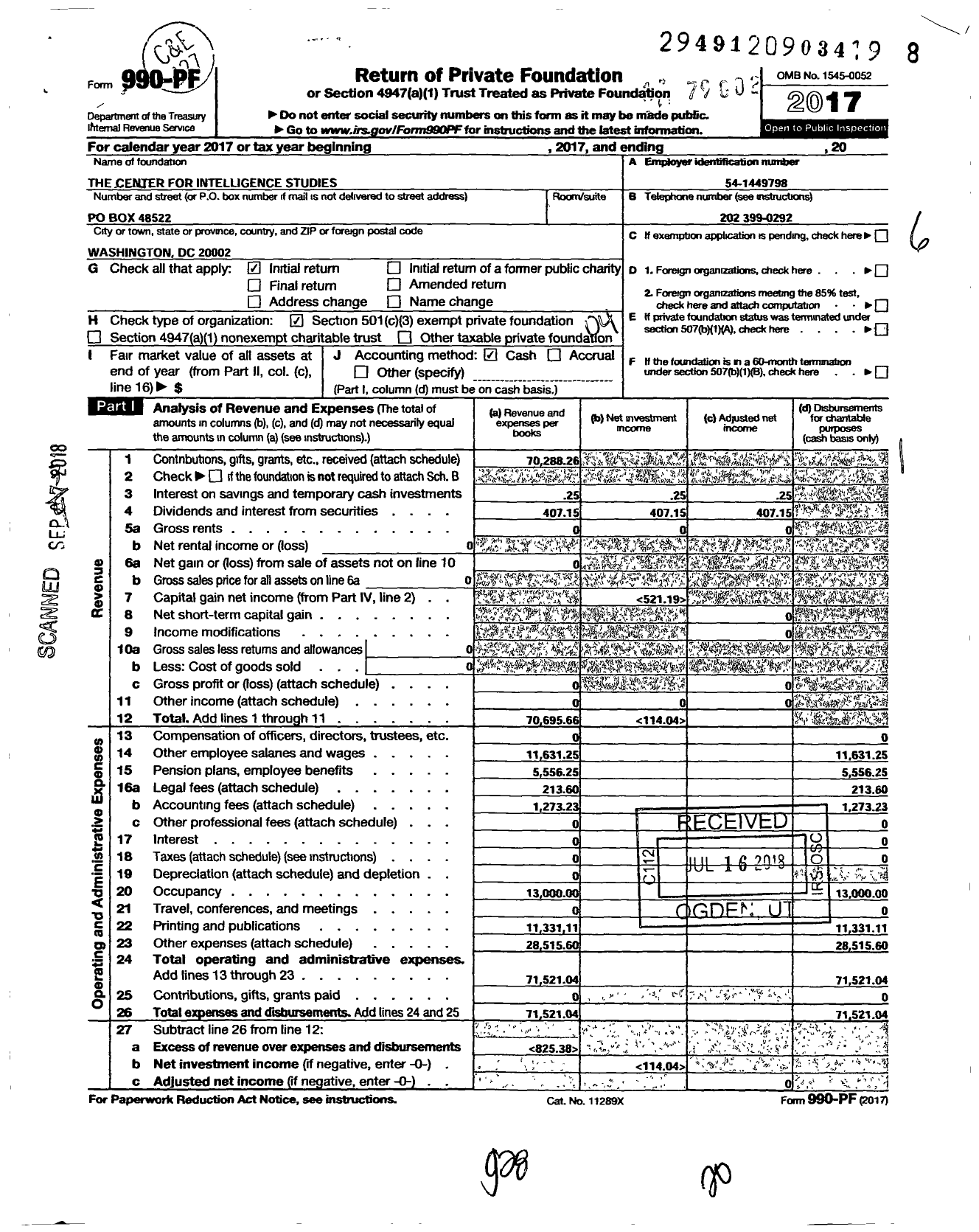 Image of first page of 2017 Form 990PF for The Center for Intelligence Studies