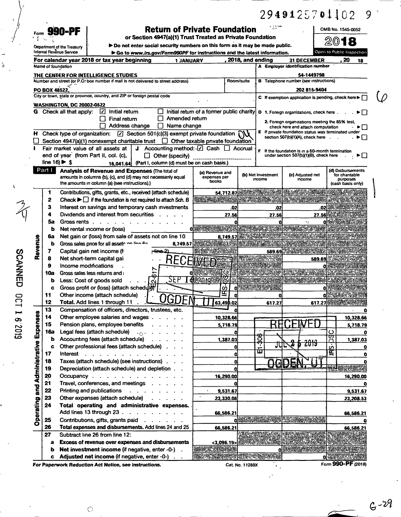 Image of first page of 2018 Form 990PF for The Center for Intelligence Studies