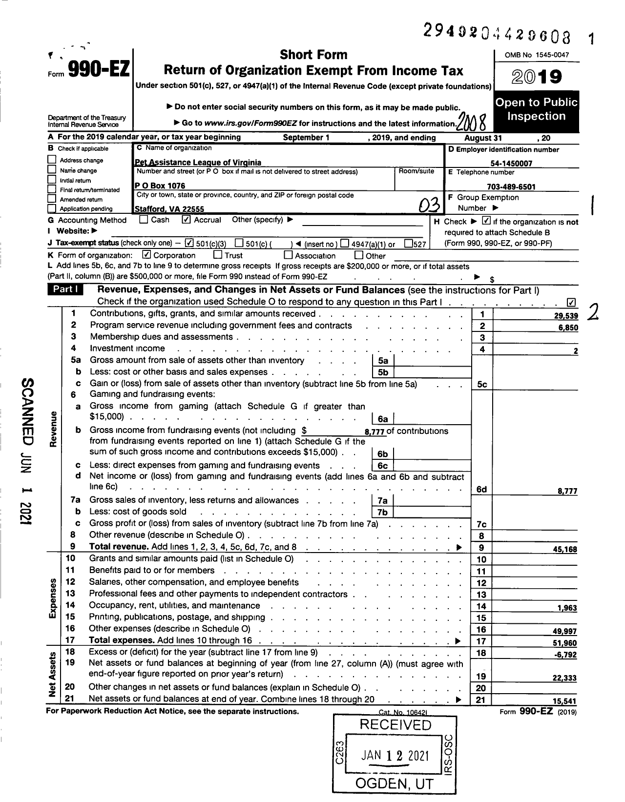 Image of first page of 2019 Form 990EZ for The Pet Assistance League of Virginia