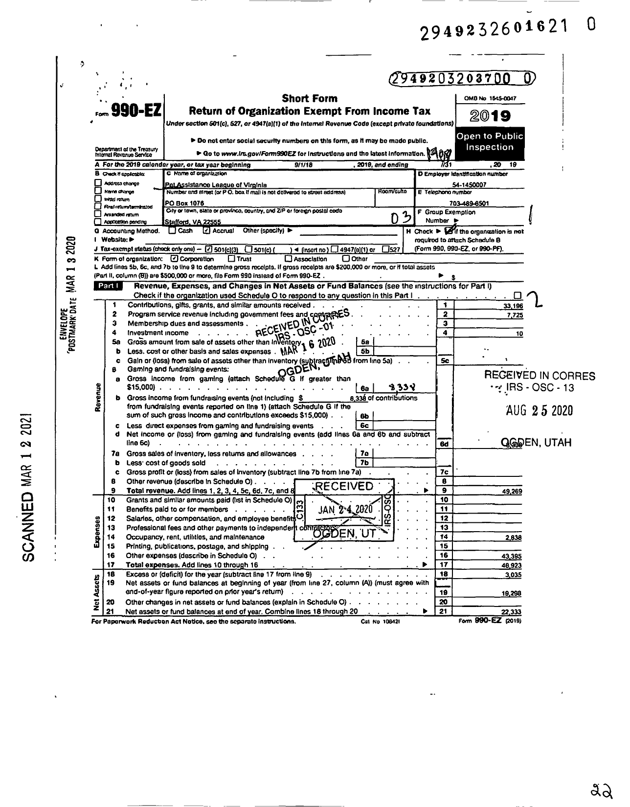 Image of first page of 2018 Form 990EZ for The Pet Assistance League of Virginia