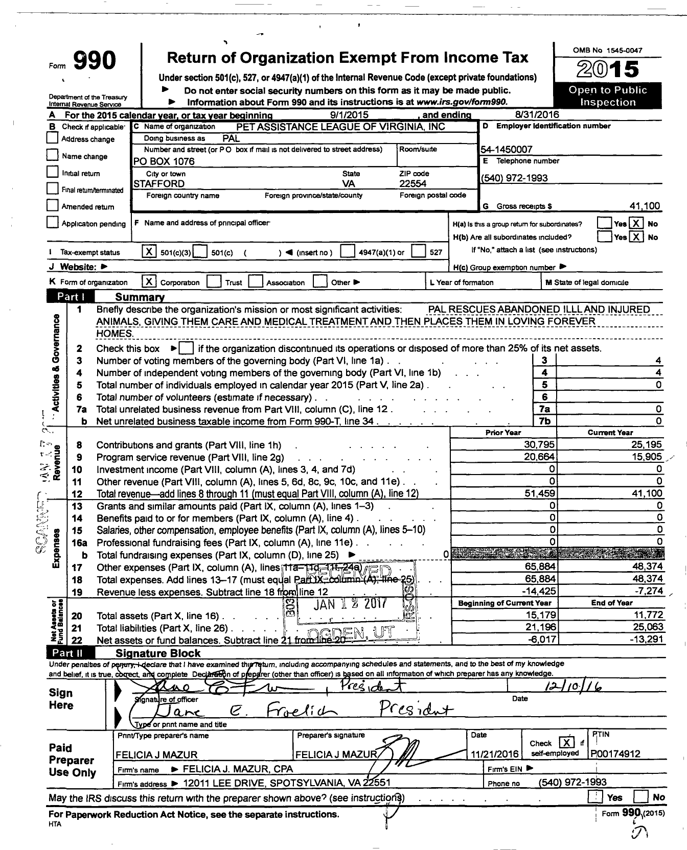 Image of first page of 2015 Form 990 for The Pet Assistance League of Virginia