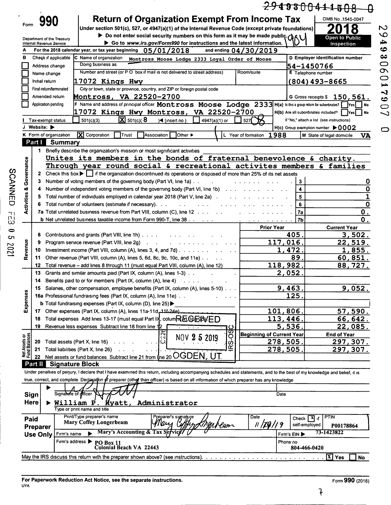 Image of first page of 2018 Form 990O for Loyal Order of Moose - 2333