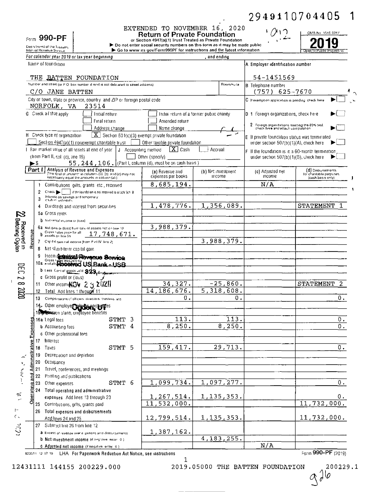 Image of first page of 2019 Form 990PF for The Batten Foundation