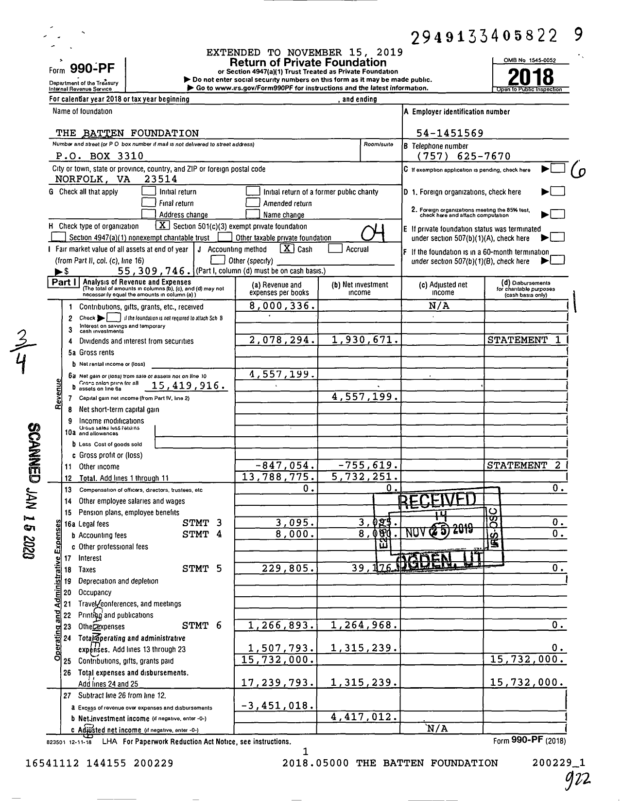 Image of first page of 2018 Form 990PF for The Batten Foundation