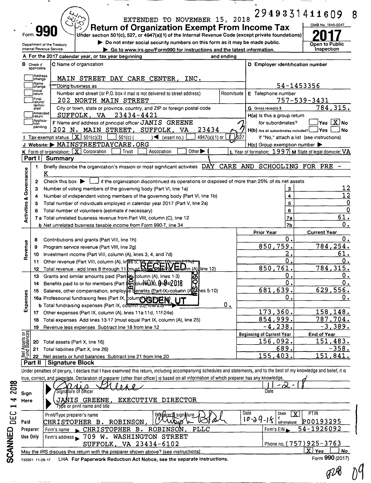 Image of first page of 2017 Form 990 for Main Street Day Care Center