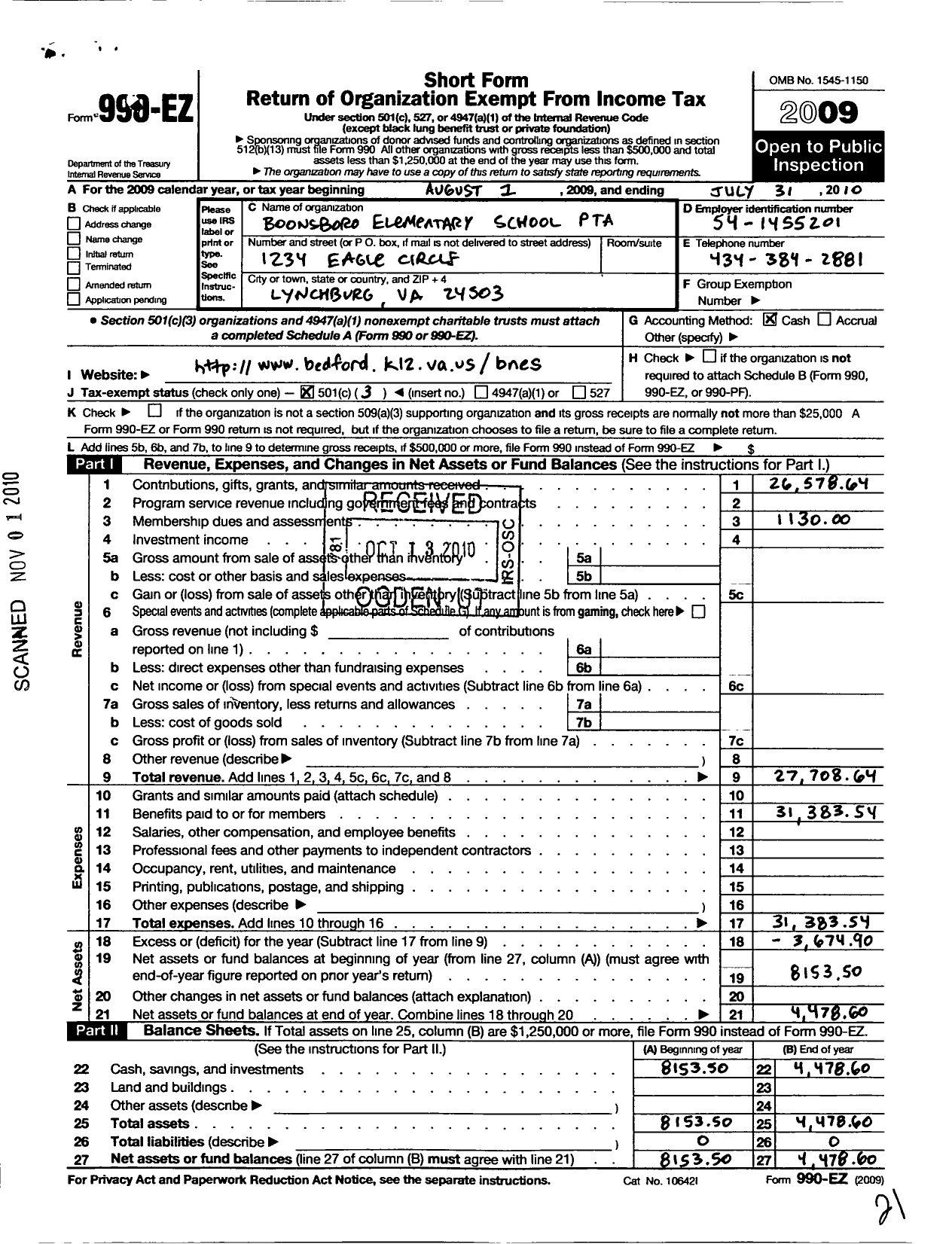 Image of first page of 2009 Form 990EZ for Virginia PTA - Boonsboro Elementary School PTA