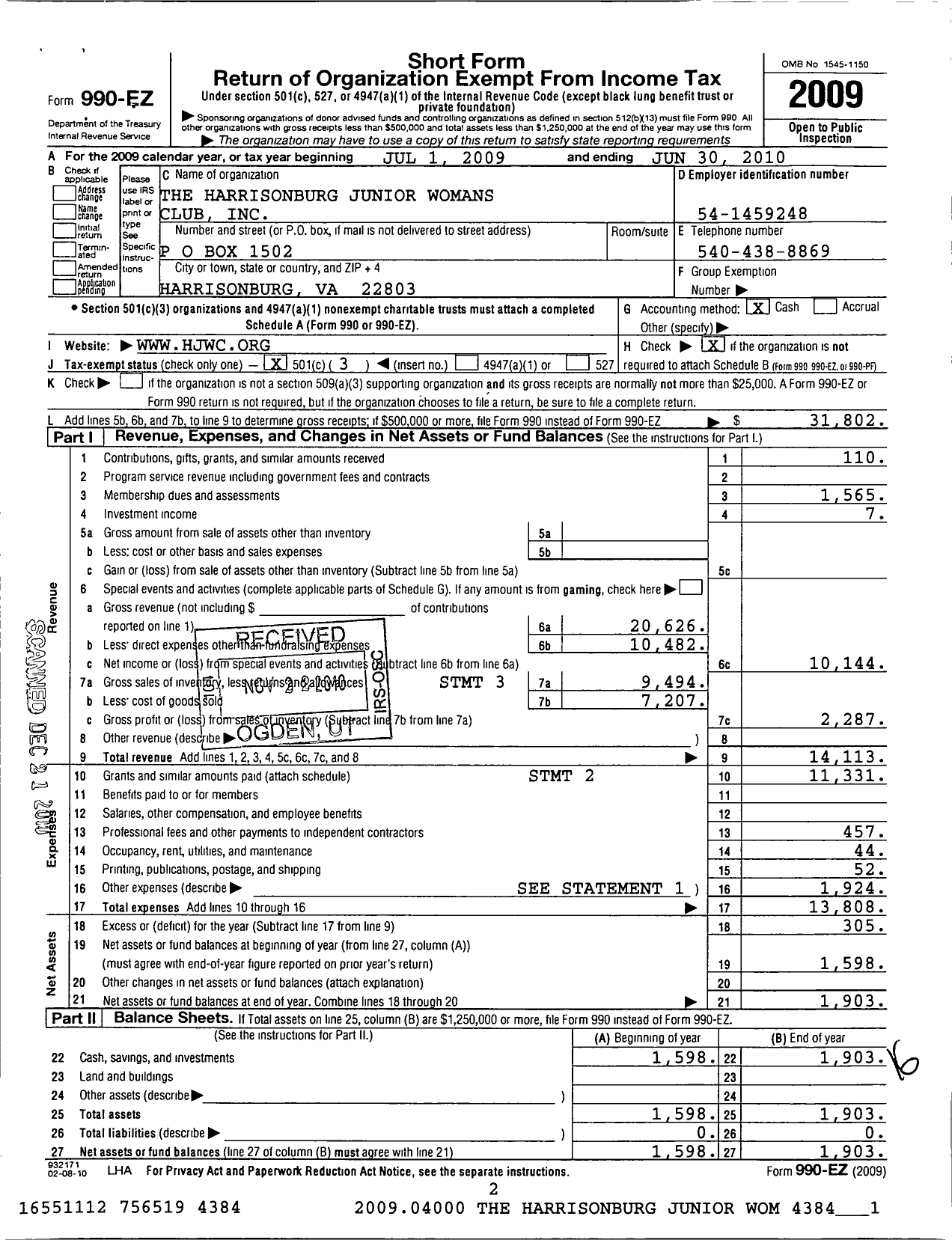 Image of first page of 2009 Form 990EZ for Harrisonburg Womens Service League