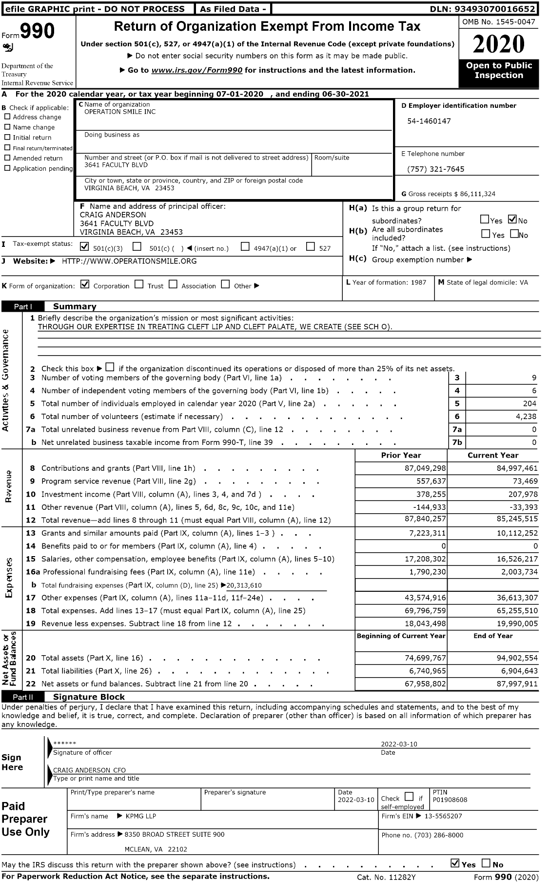 Image of first page of 2020 Form 990 for Operation Smile