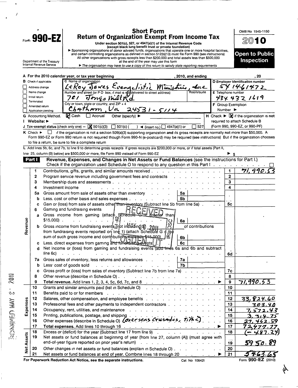 Image of first page of 2010 Form 990EZ for The Leroy Jones Evangelistic Ministries