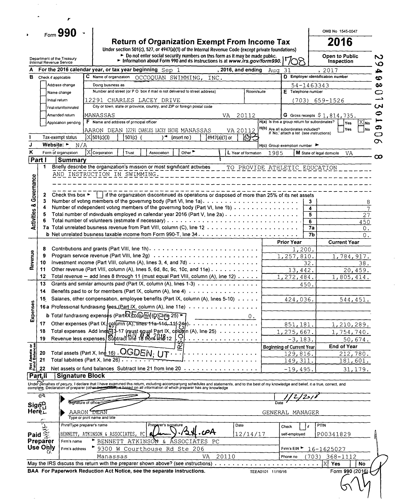 Image of first page of 2016 Form 990 for Occoquan Swimming