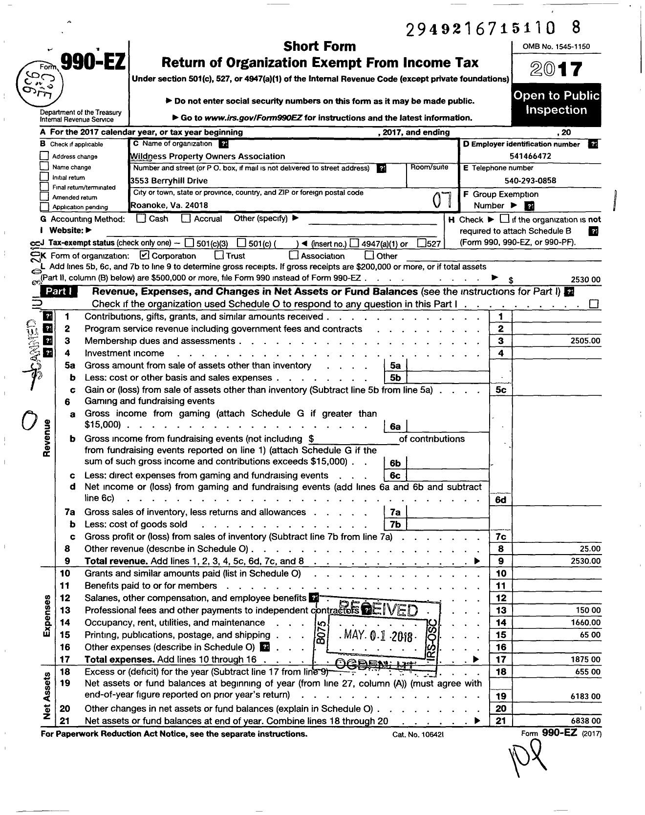 Image of first page of 2017 Form 990EO for Wildernest Property Owners Association