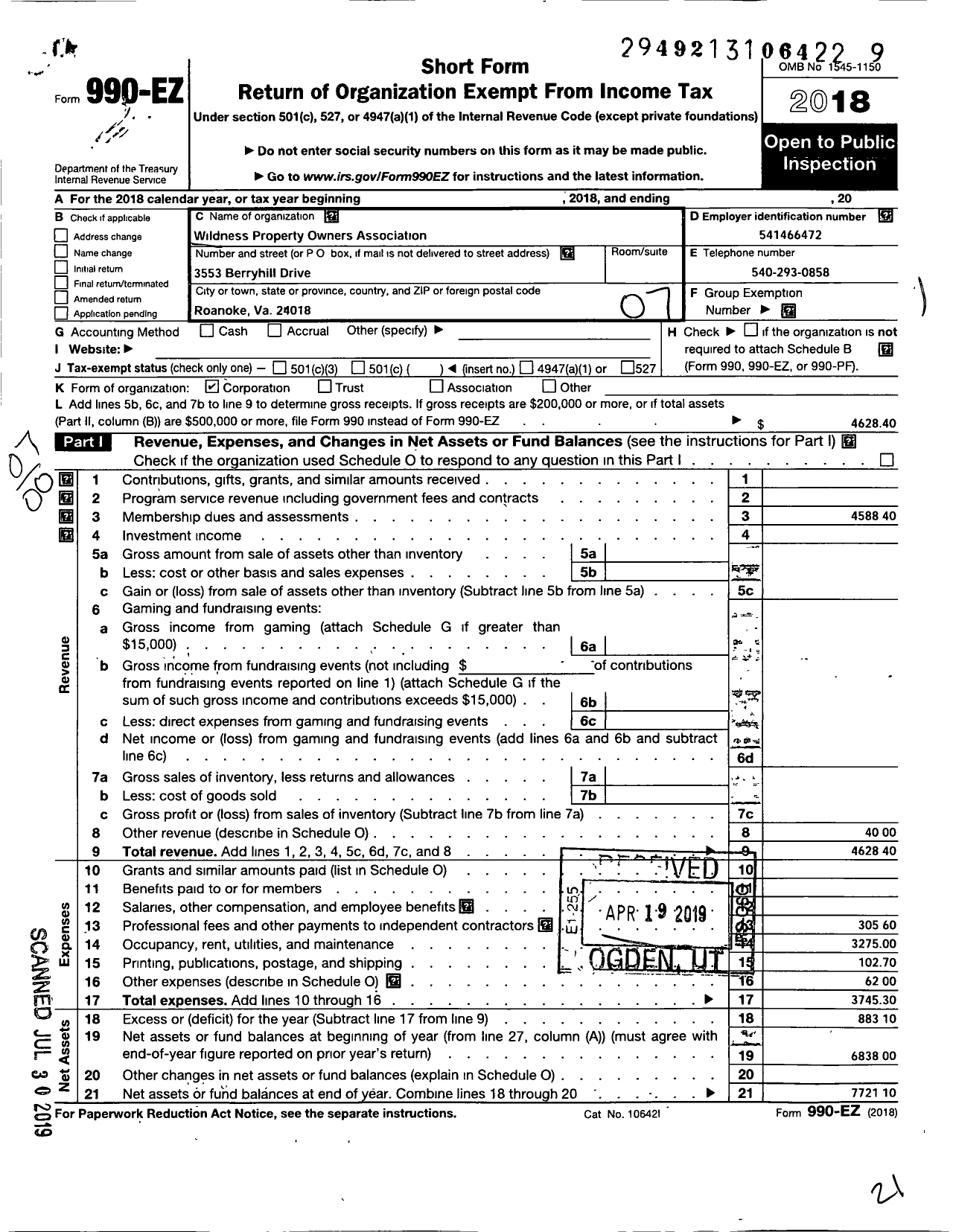 Image of first page of 2018 Form 990EO for Wildernest Property Owners Association