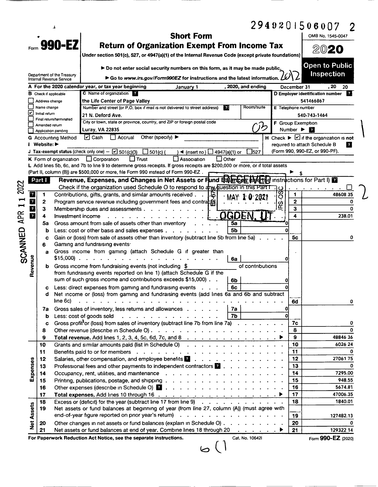 Image of first page of 2020 Form 990EZ for Life Center of Page Valley