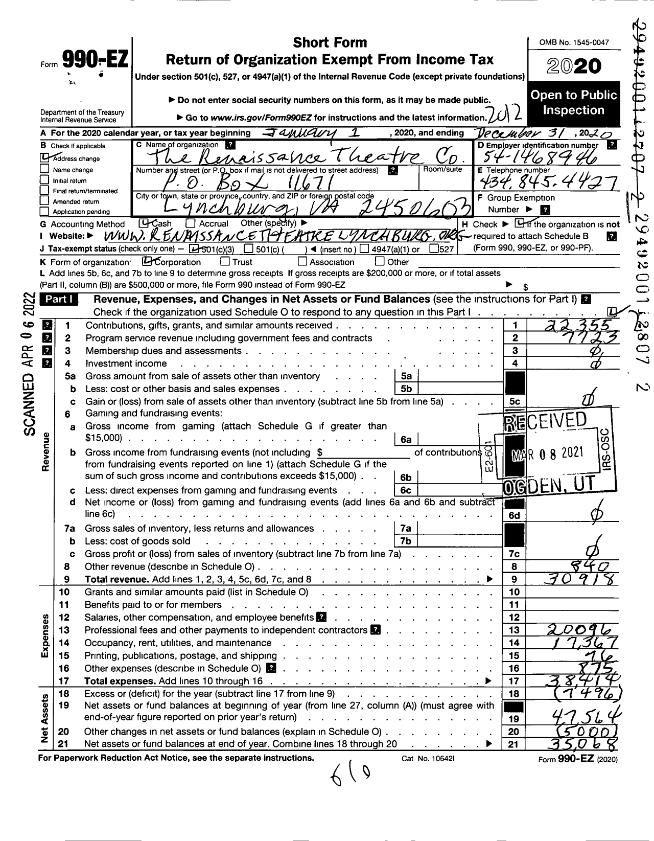 Image of first page of 2020 Form 990EZ for Renaissance Theatre Company