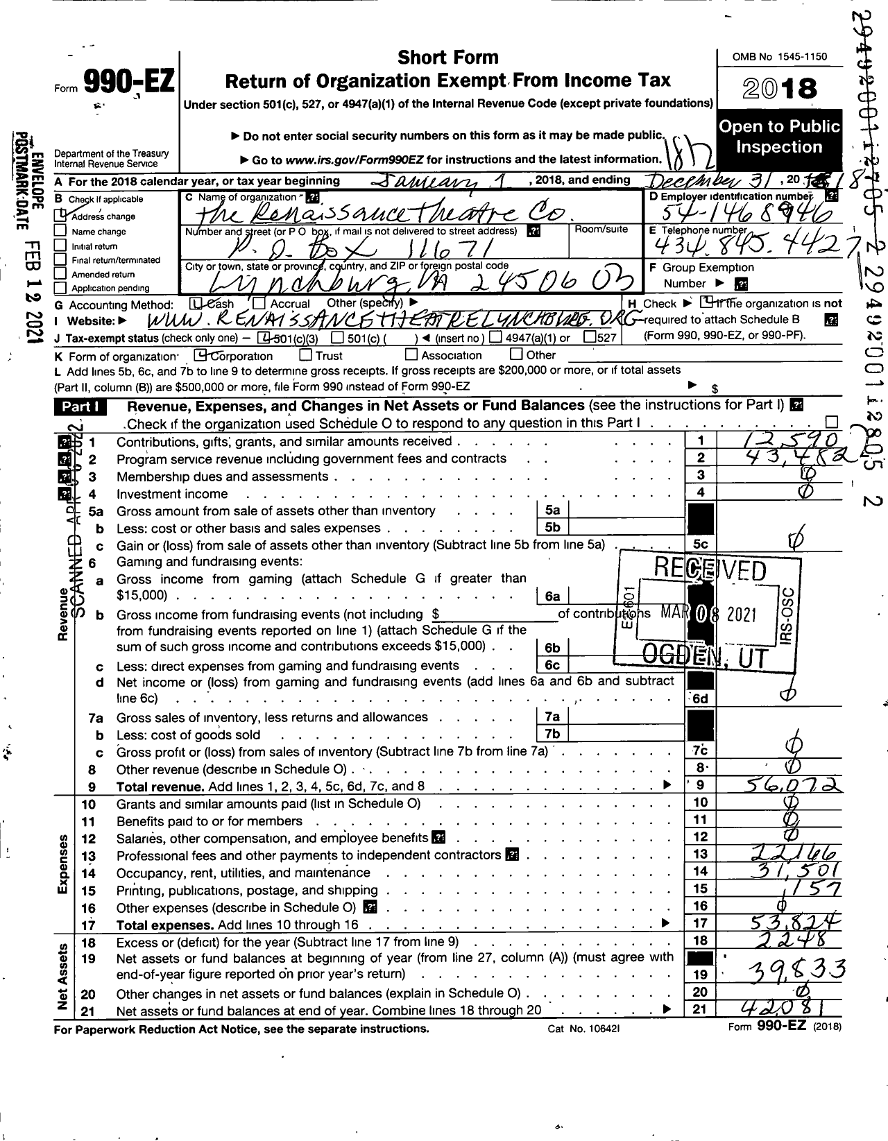 Image of first page of 2018 Form 990EZ for Renaissance Theatre Company