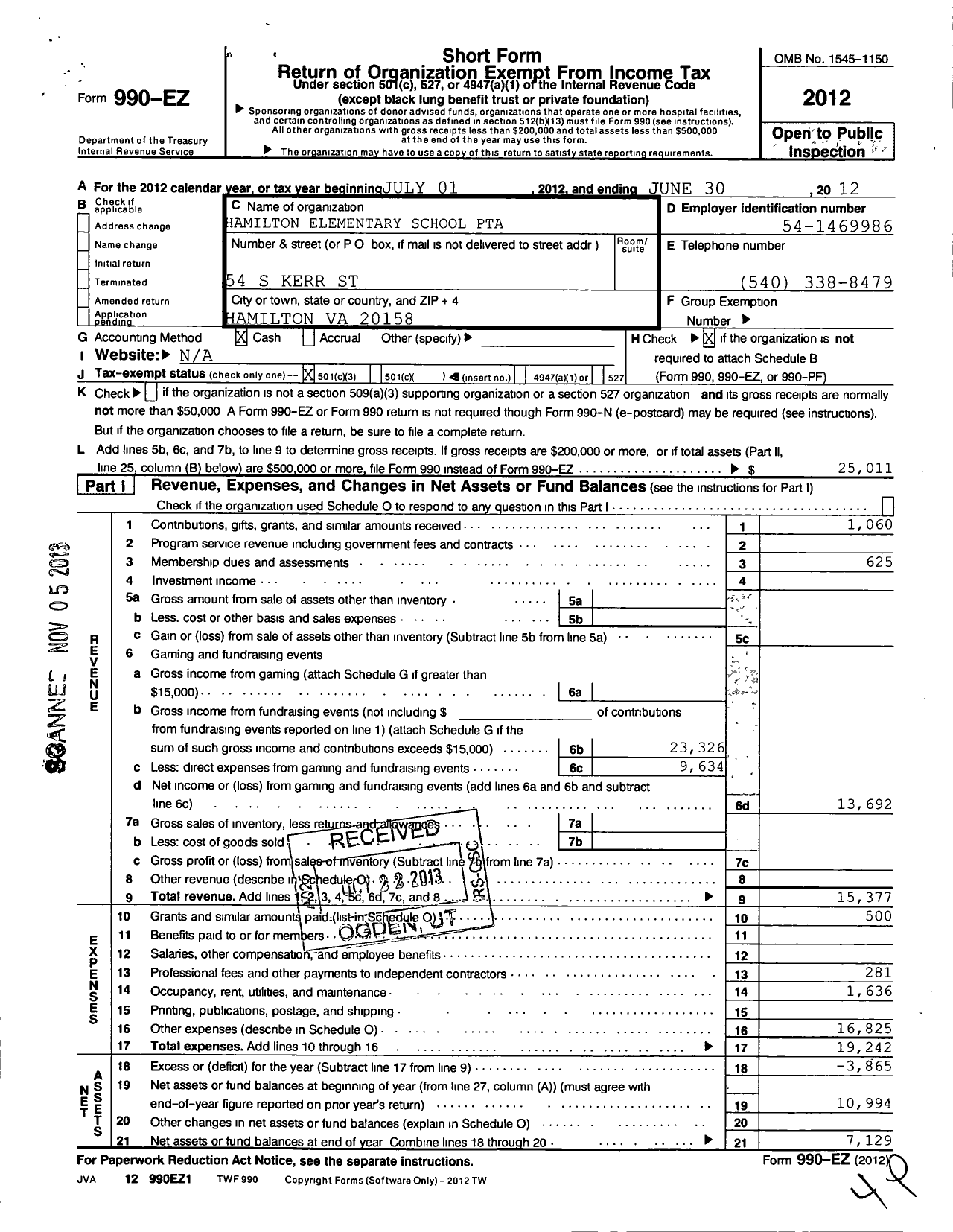 Image of first page of 2011 Form 990EZ for Virginia PTA - Hamilton Elem PTA