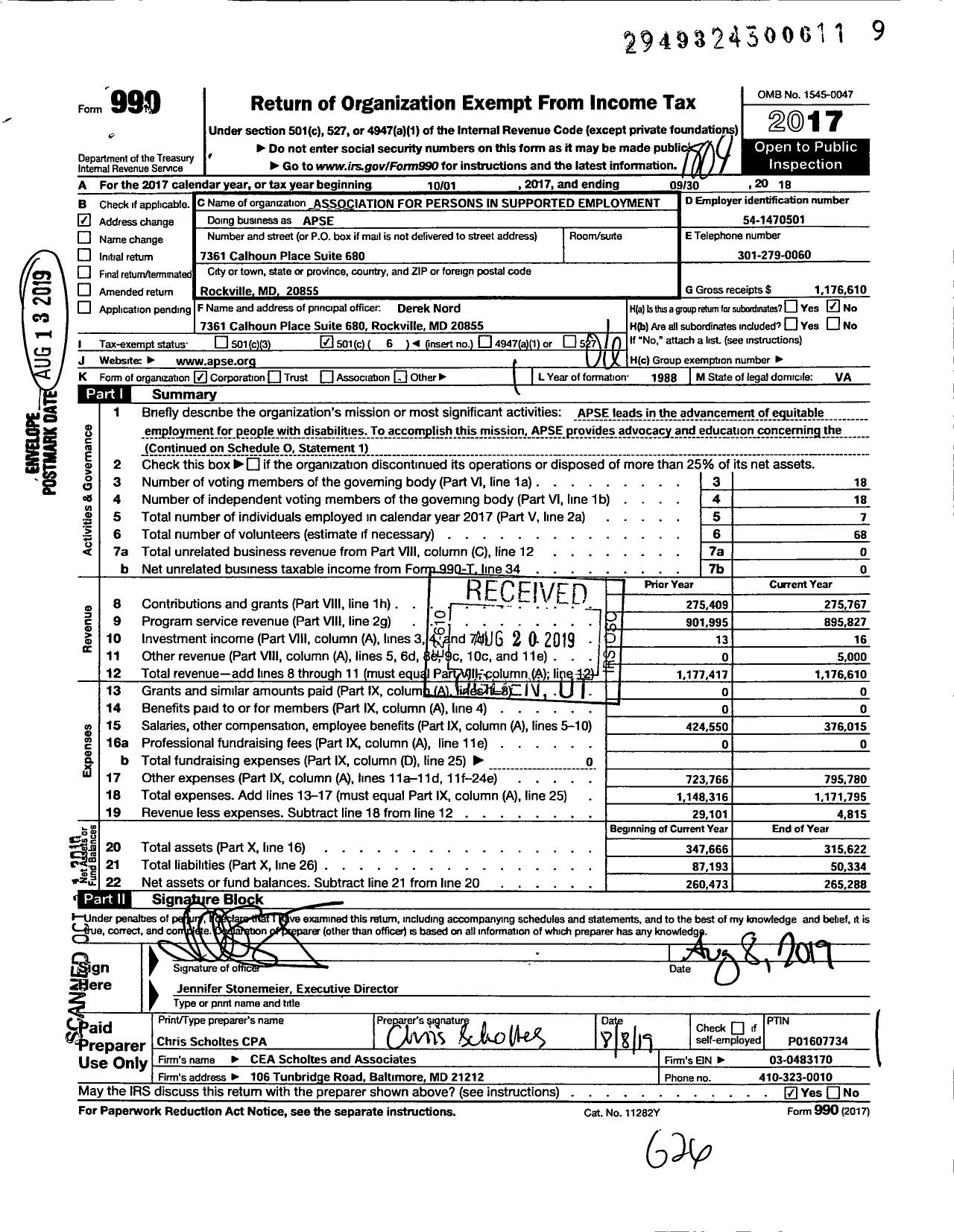 Image of first page of 2017 Form 990O for Association for Persons in Supported Employment (APSE)