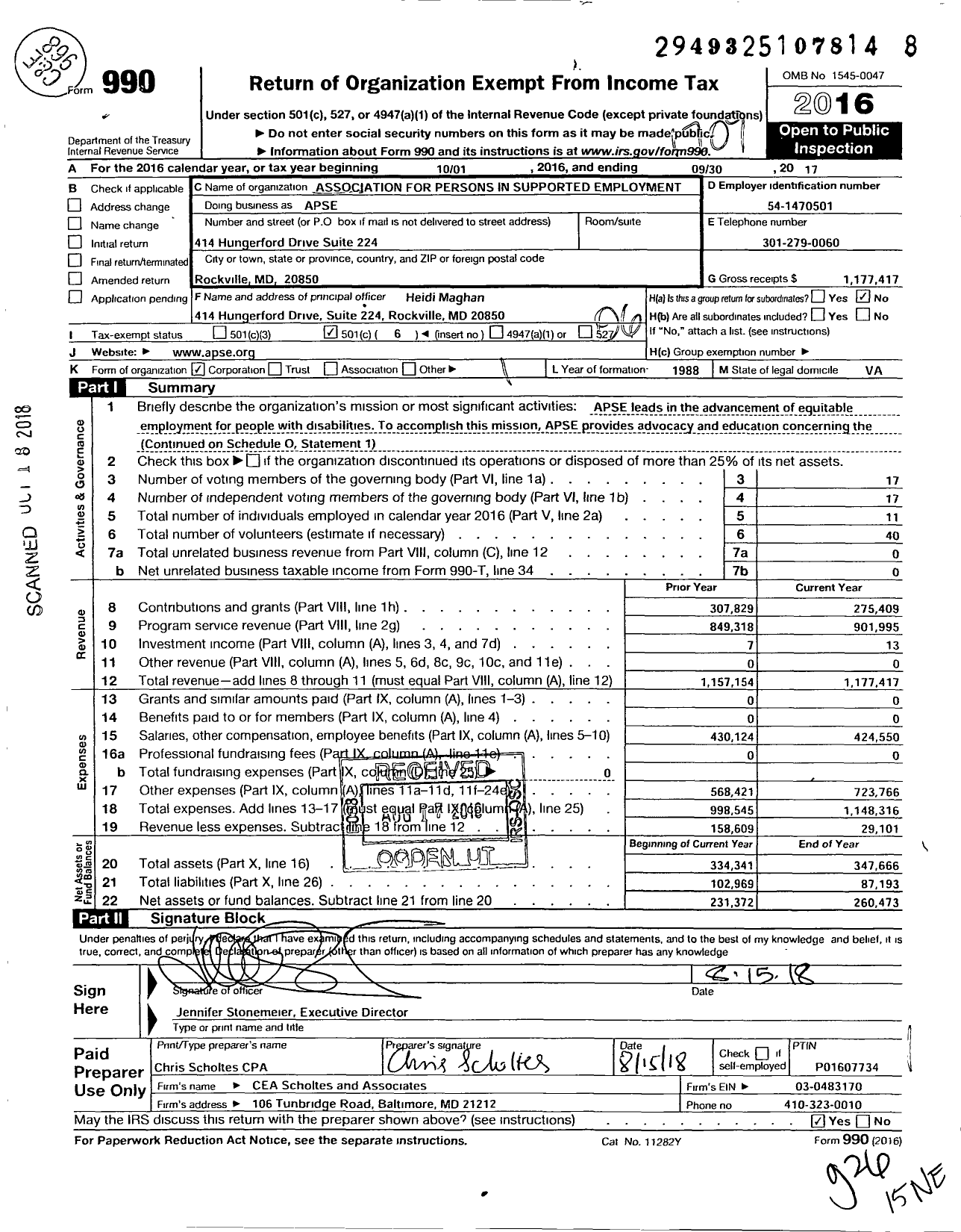 Image of first page of 2016 Form 990O for Association for Persons in Supported Employment (APSE)