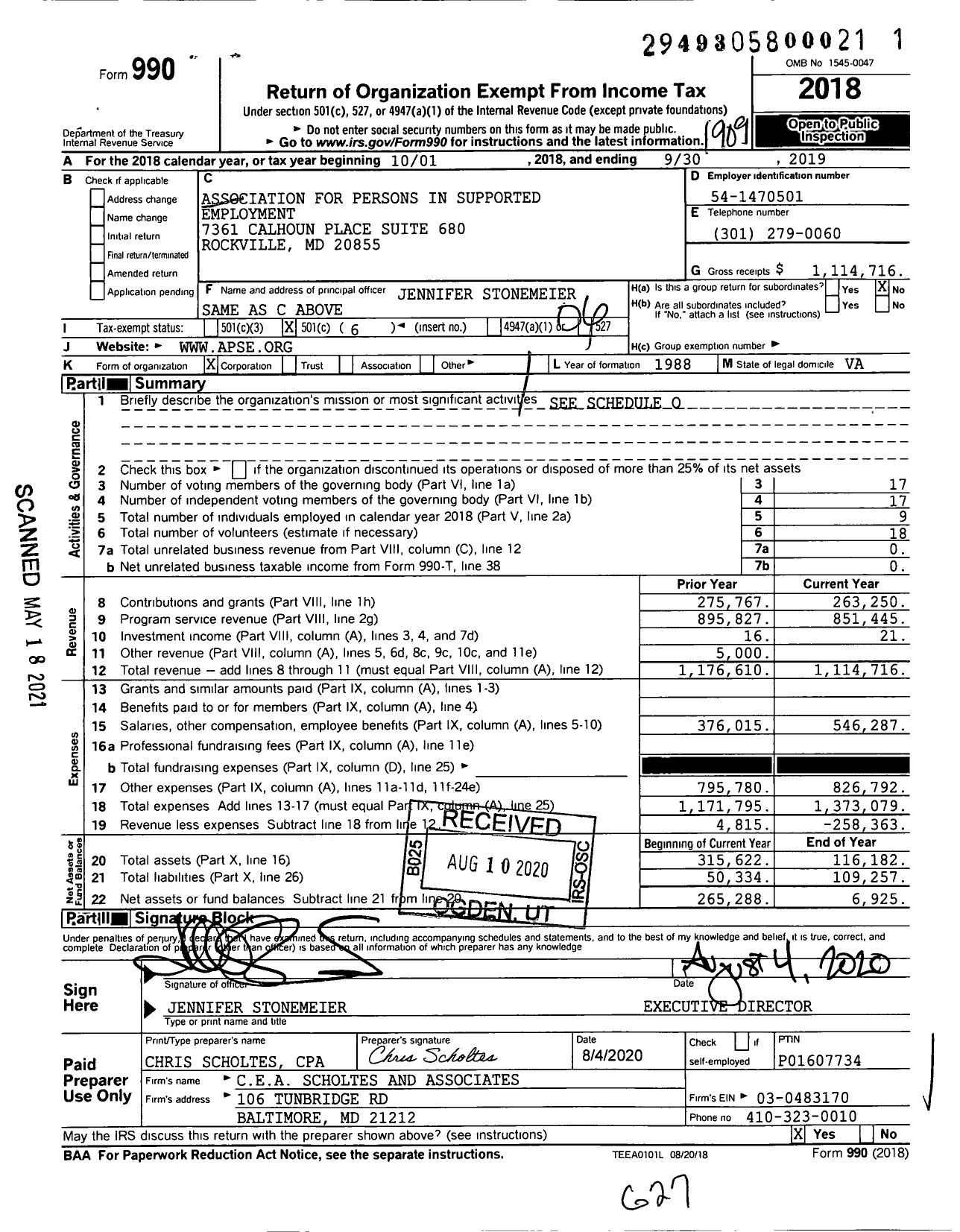 Image of first page of 2018 Form 990O for Association for Persons in Supported Employment (APSE)