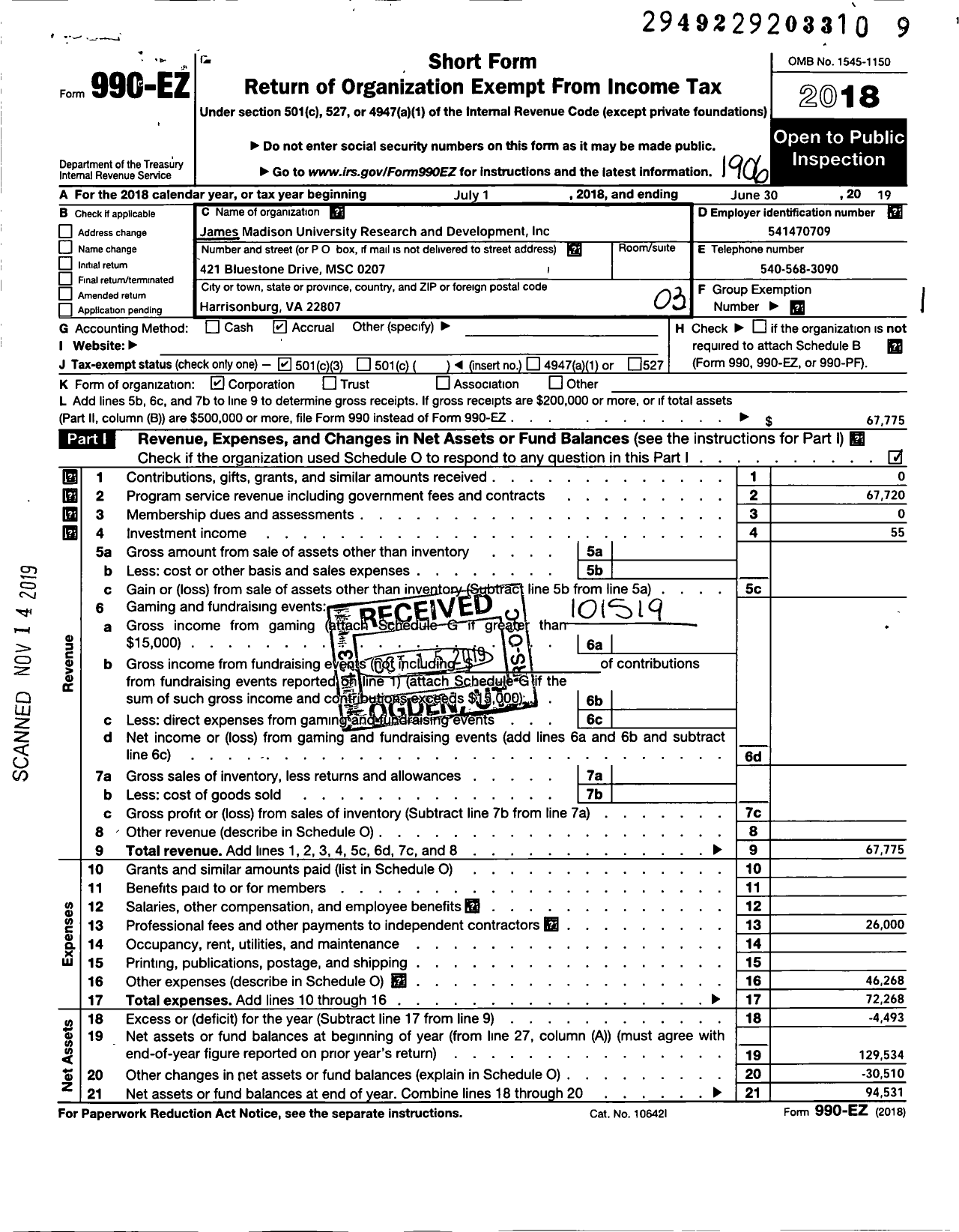 Image of first page of 2018 Form 990EZ for James Madison University Research and Development Center