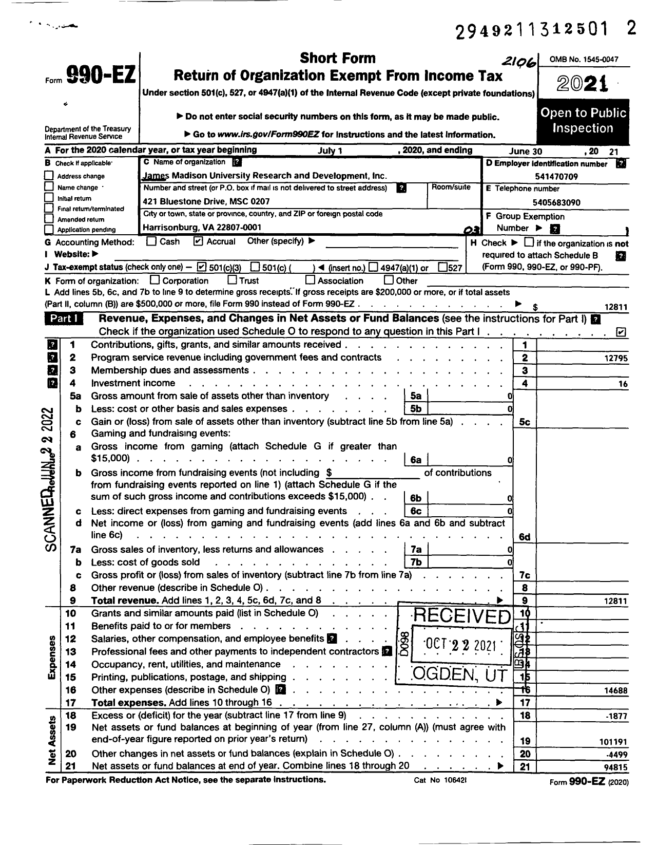 Image of first page of 2020 Form 990EZ for James Madison University Research and Development Center