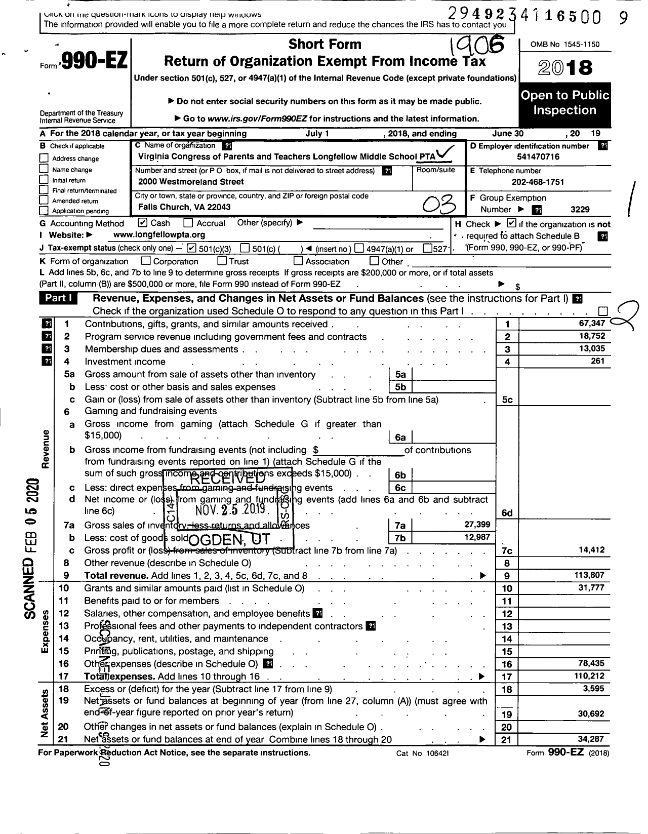 Image of first page of 2018 Form 990EZ for Virginia PTA - Longfellow Middle PTA