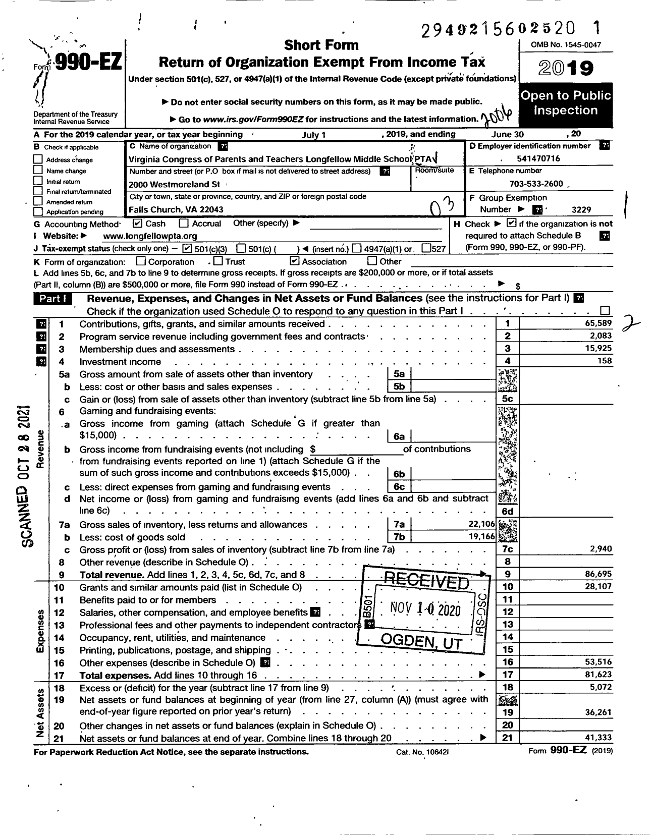 Image of first page of 2019 Form 990EZ for Virginia PTA - Longfellow Middle PTA