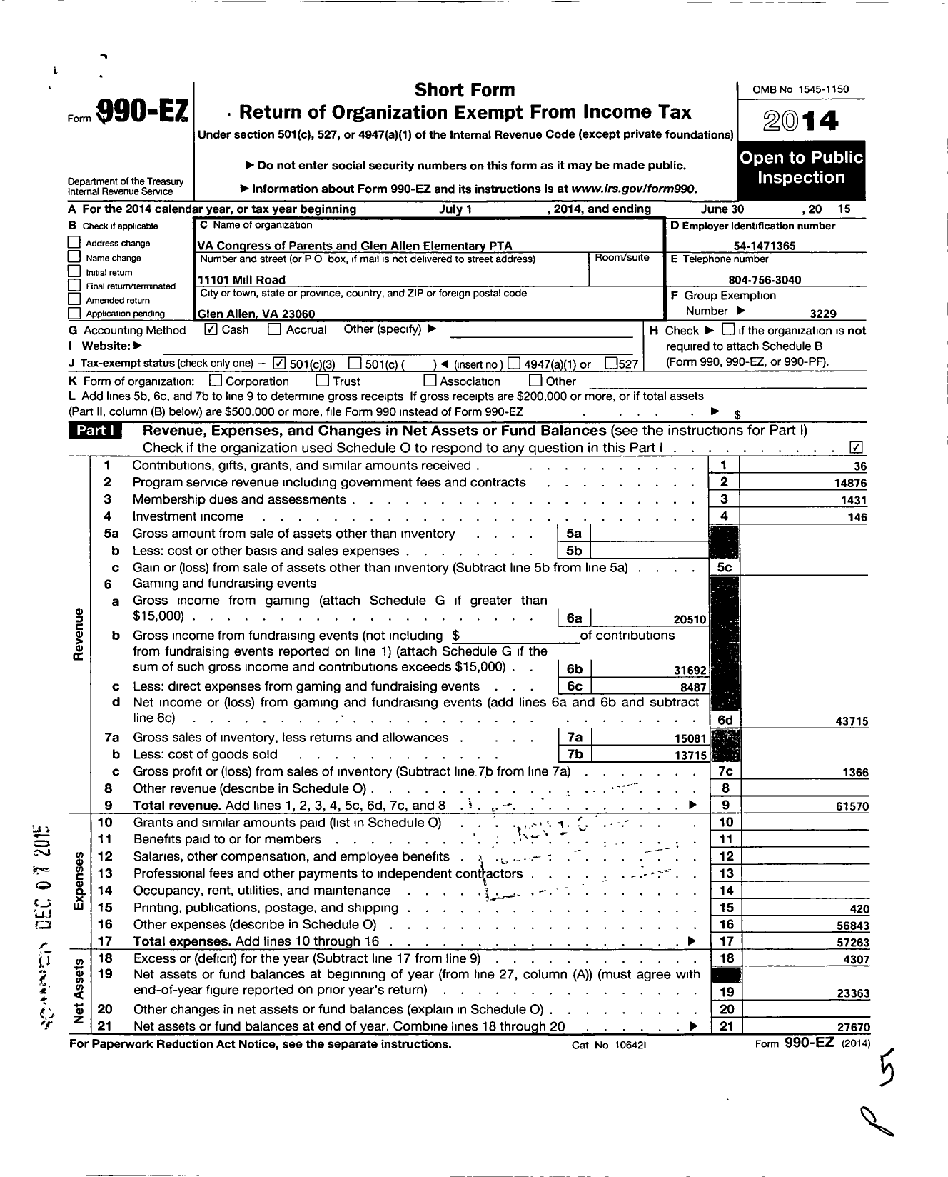 Image of first page of 2014 Form 990EZ for Virginia PTA - Glen Allen Elem PTA