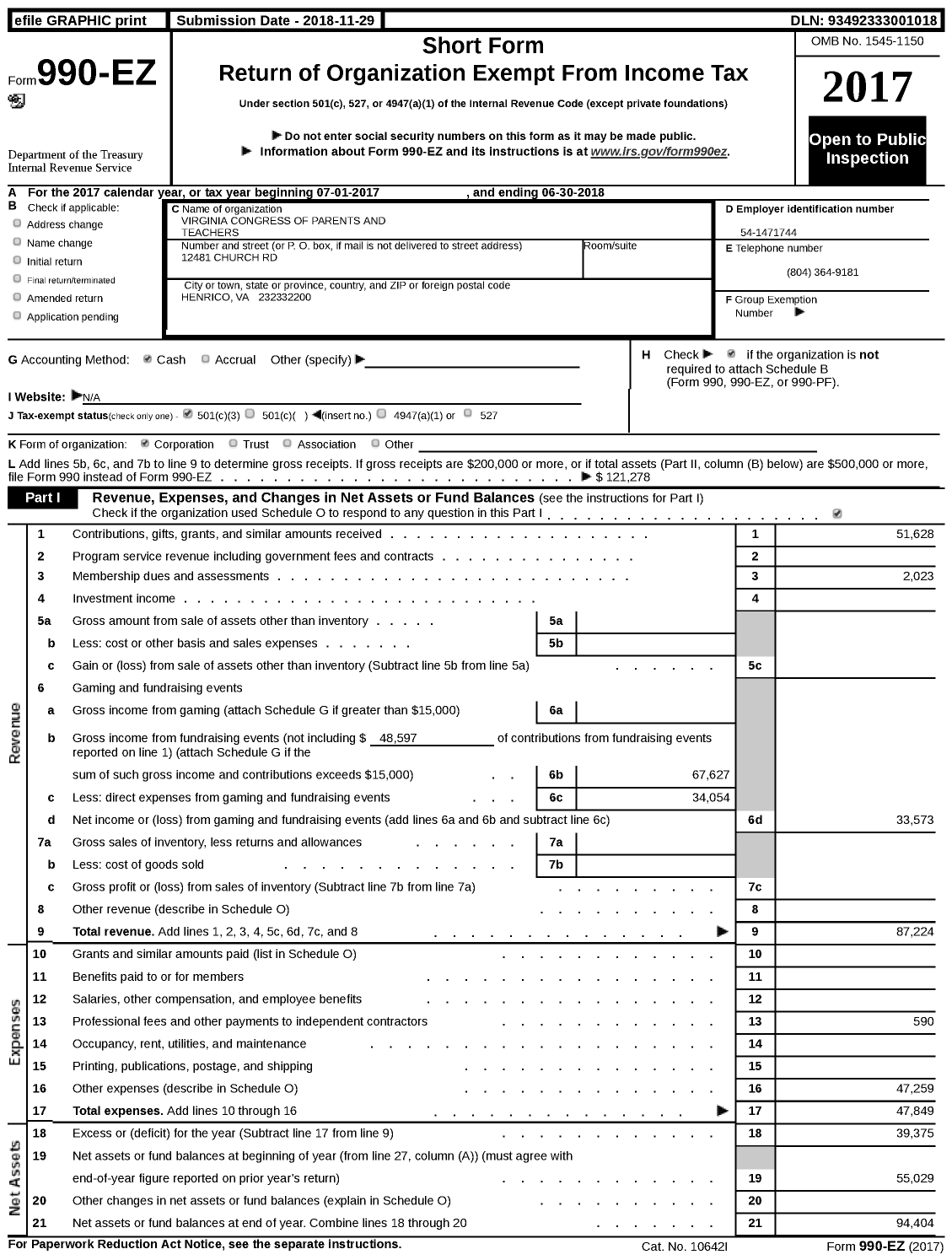 Image of first page of 2017 Form 990EZ for Virginia PTA - Gayton Elem PTA