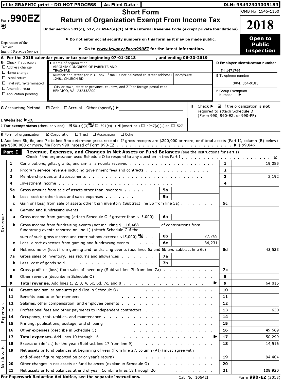 Image of first page of 2018 Form 990EZ for Virginia PTA - Gayton Elem PTA