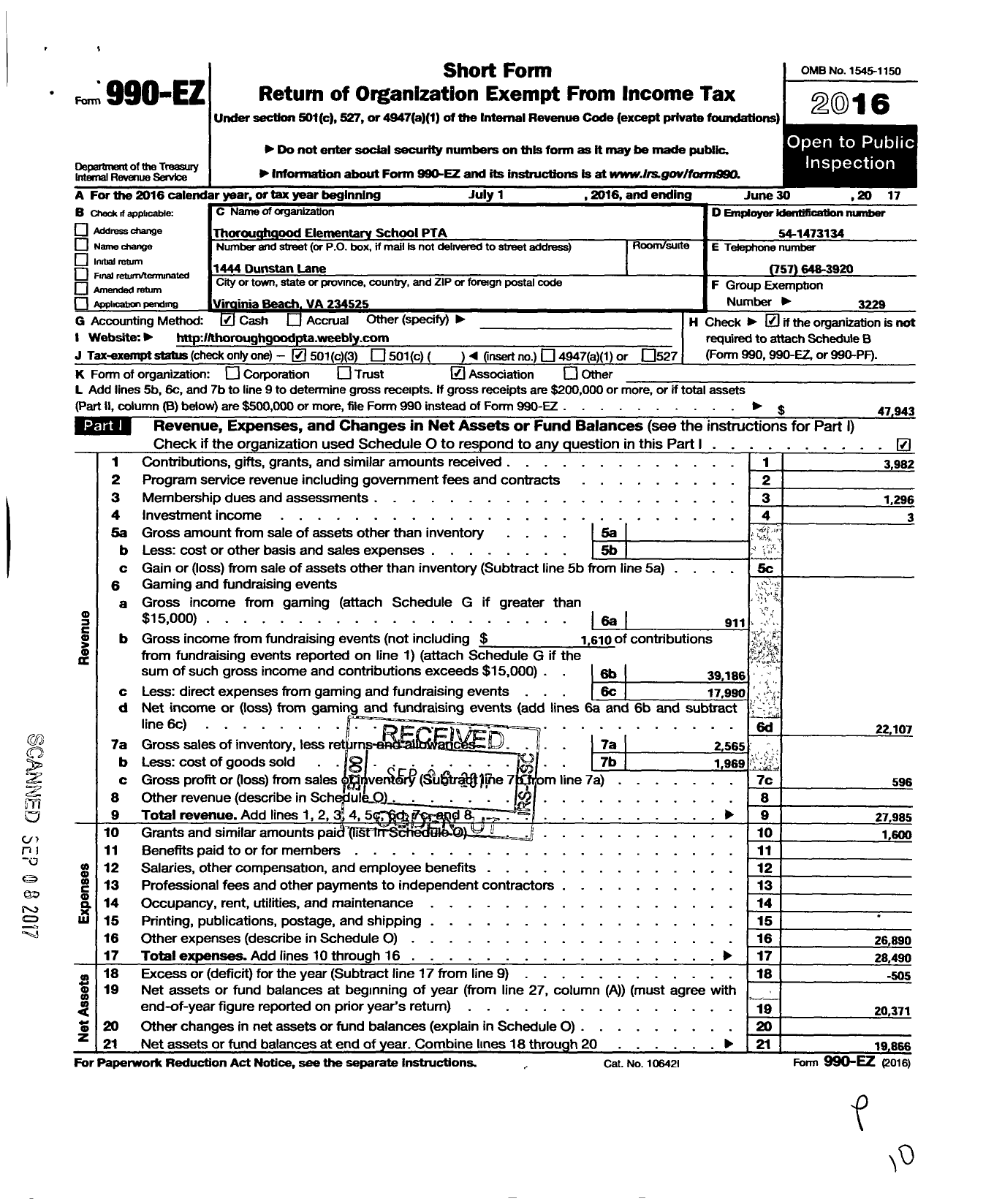 Image of first page of 2016 Form 990EZ for Virginia PTA - Thoroughgood Elementary PTA
