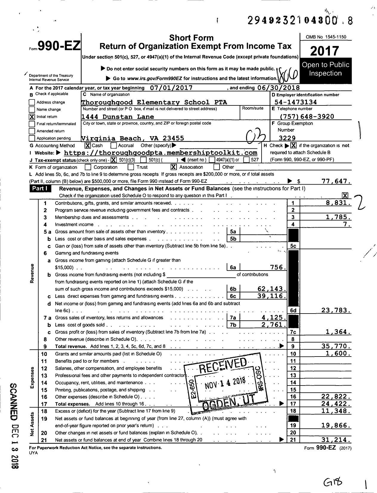 Image of first page of 2017 Form 990EZ for Virginia PTA - Thoroughgood Elementary PTA