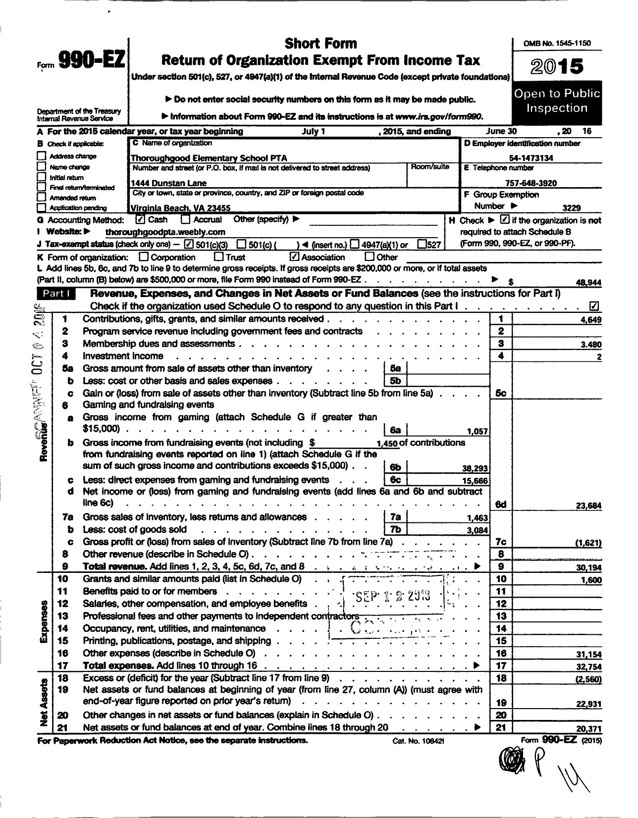 Image of first page of 2015 Form 990EZ for Virginia PTA - Thoroughgood Elementary PTA