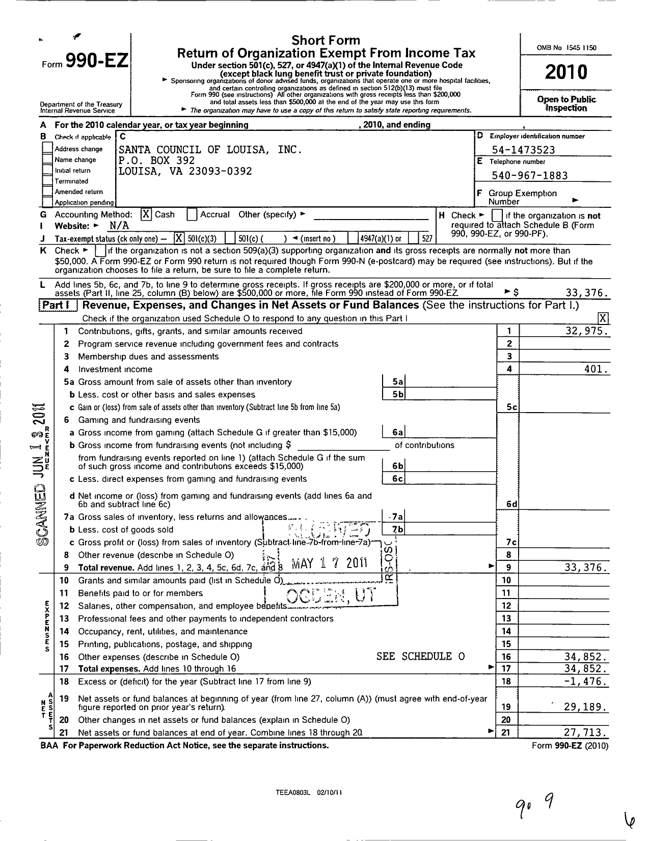 Image of first page of 2010 Form 990EZ for Santa Council of Louisa County County