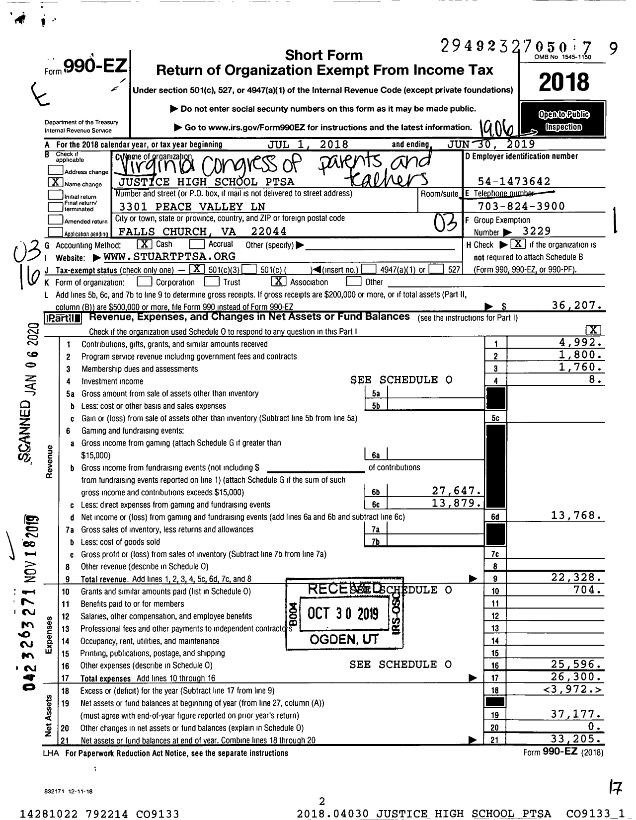 Image of first page of 2018 Form 990EZ for Virginia PTA - Justice High School Ptsa