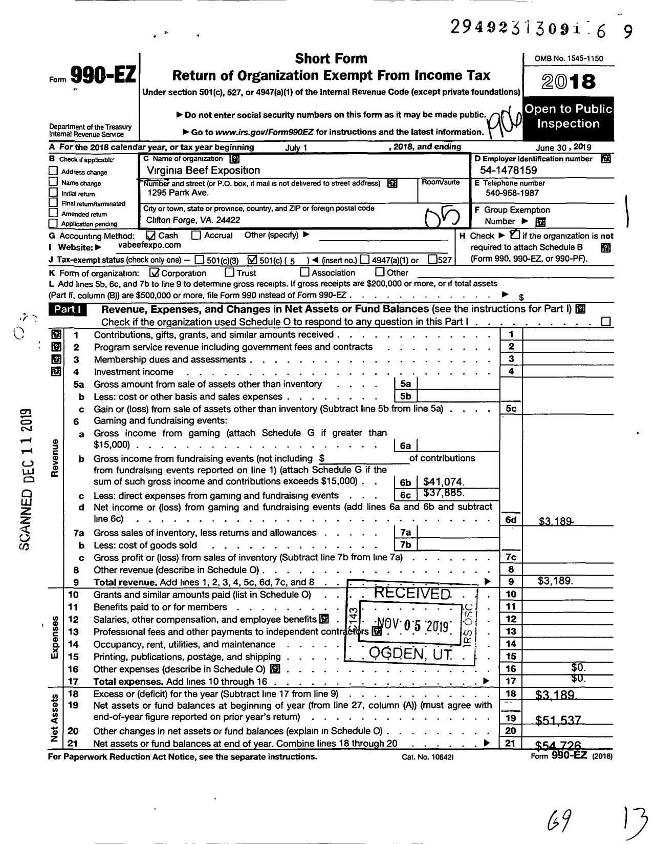 Image of first page of 2018 Form 990EO for Virginia Beef Exposition