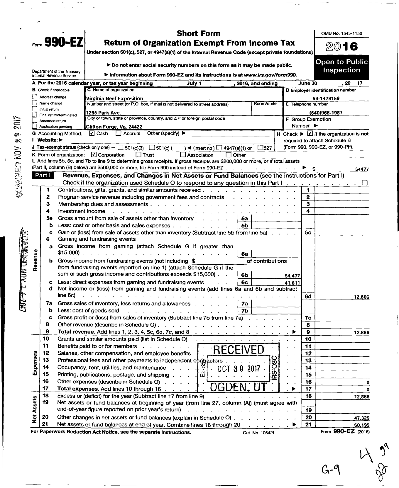 Image of first page of 2016 Form 990EO for Virginia Beef Exposition