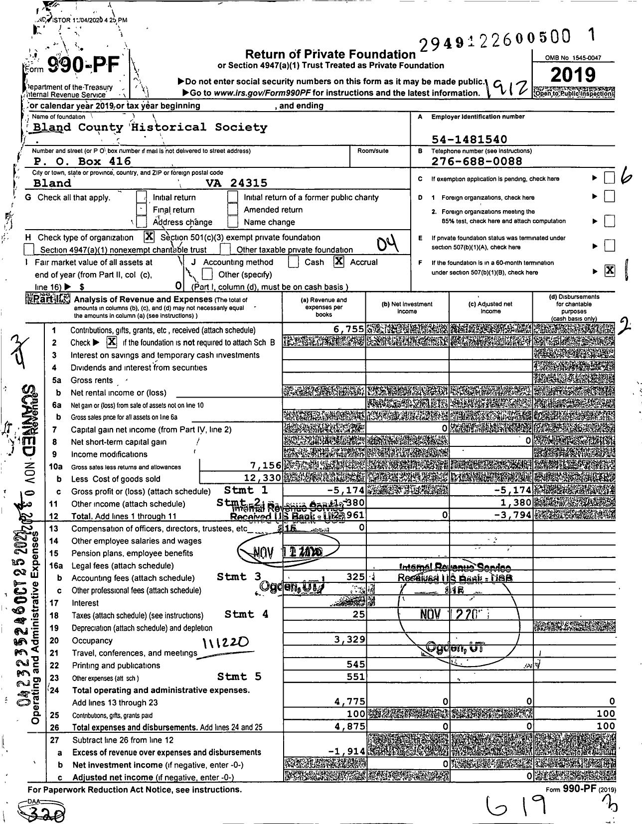 Image of first page of 2019 Form 990PF for Bland County Historical Society