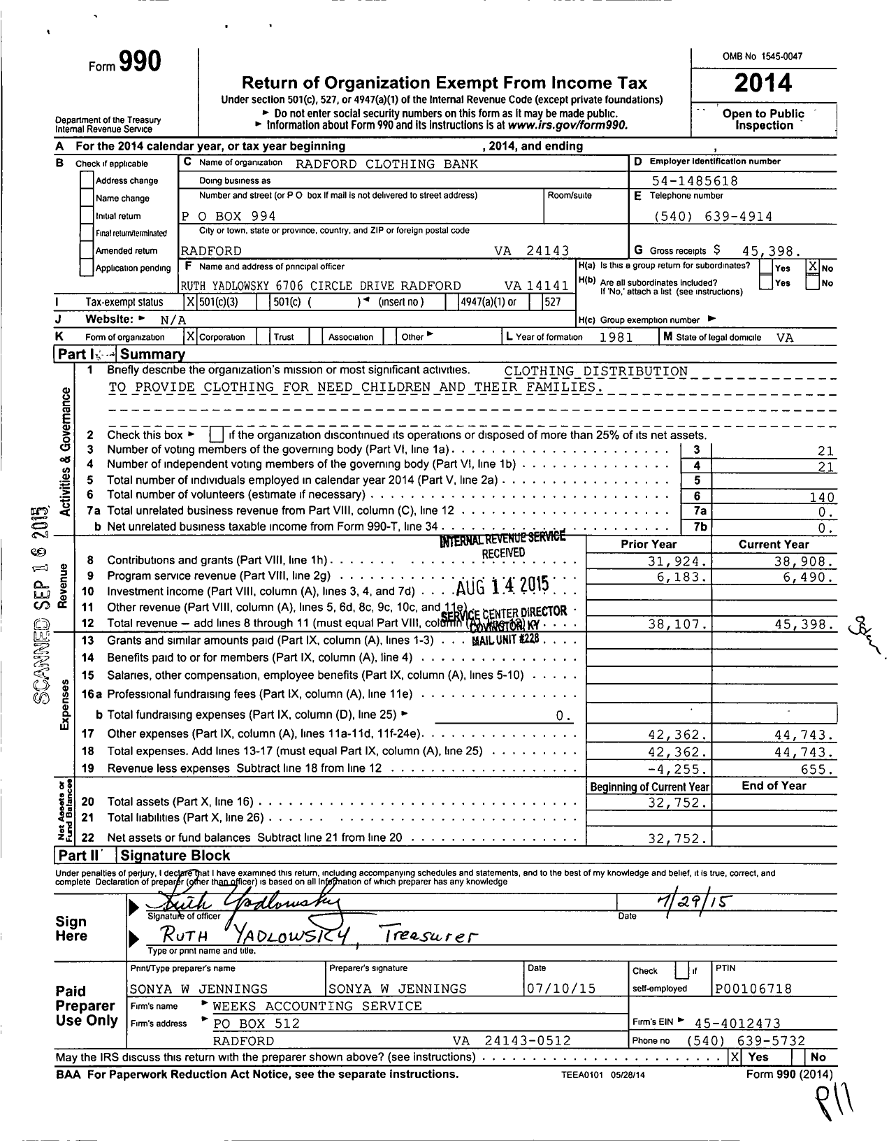 Image of first page of 2014 Form 990 for Radford Clothing Bank