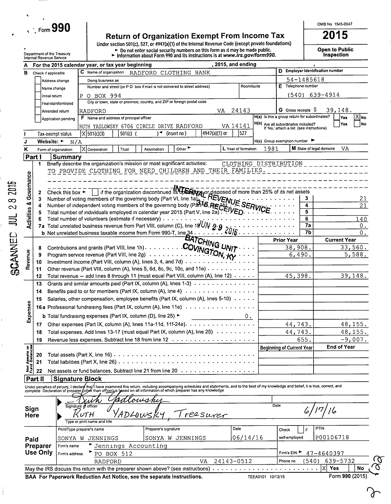 Image of first page of 2015 Form 990 for Radford Clothing Bank