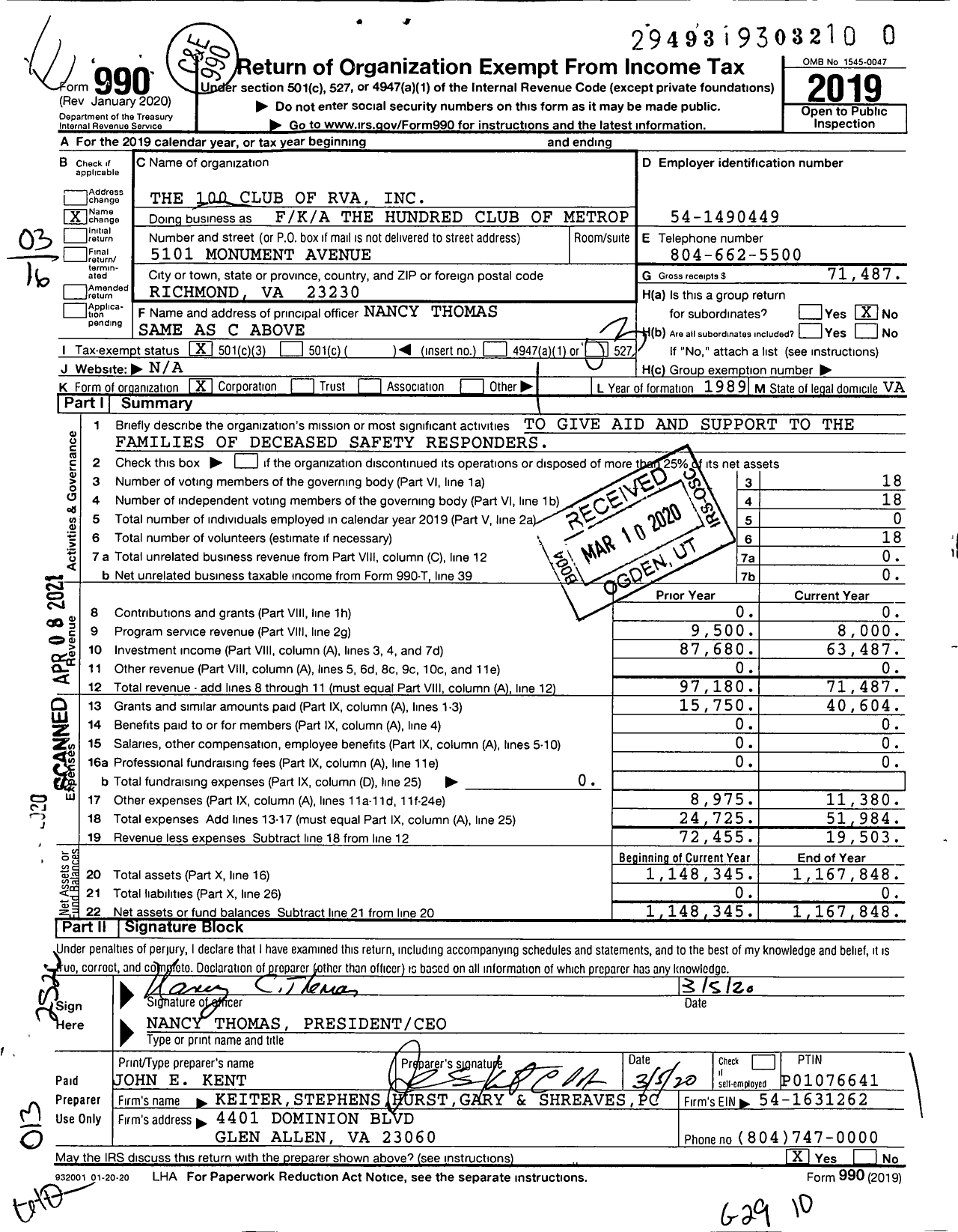 Image of first page of 2019 Form 990 for Valor Rva