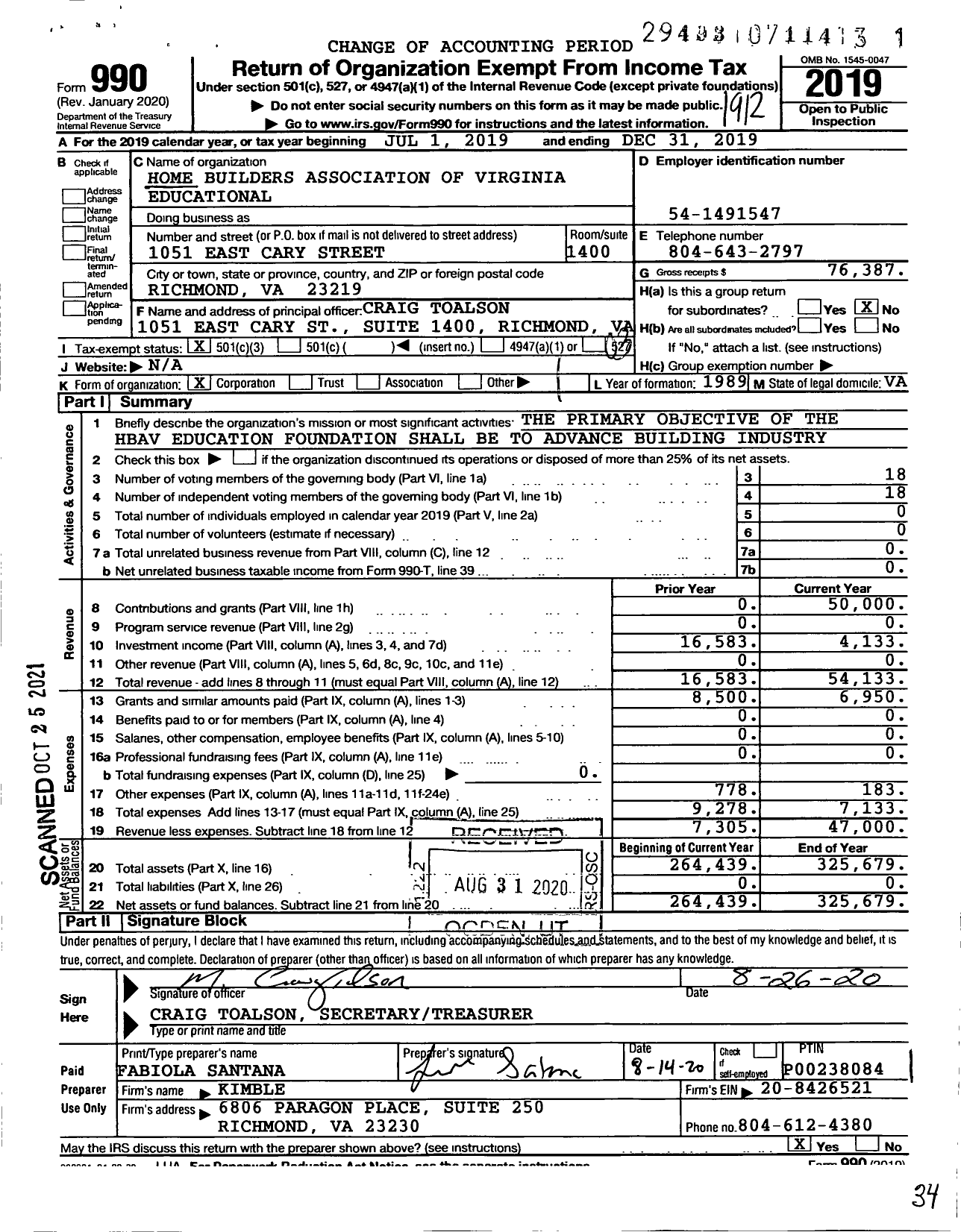 Image of first page of 2019 Form 990 for Home Builders Association of Virginia Educational