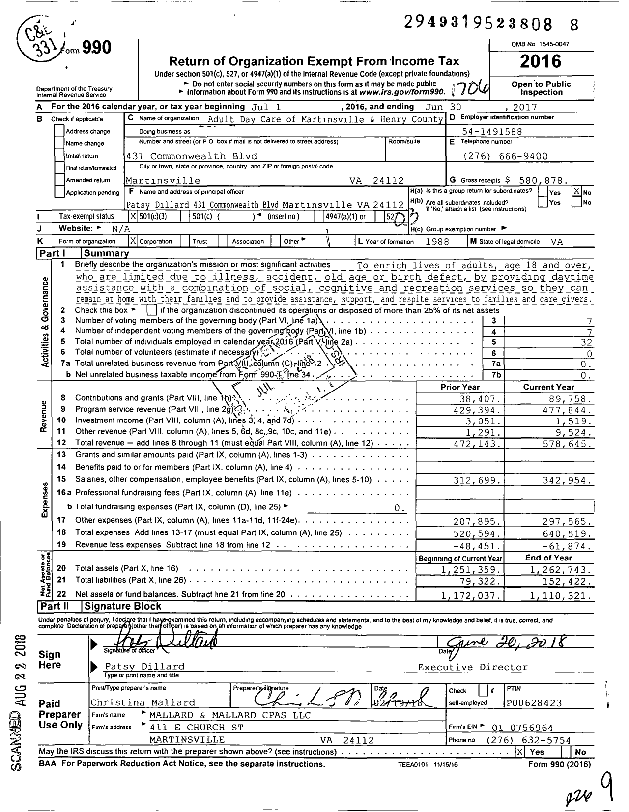 Image of first page of 2016 Form 990 for Adult Day Care of Martinsville & Henry County