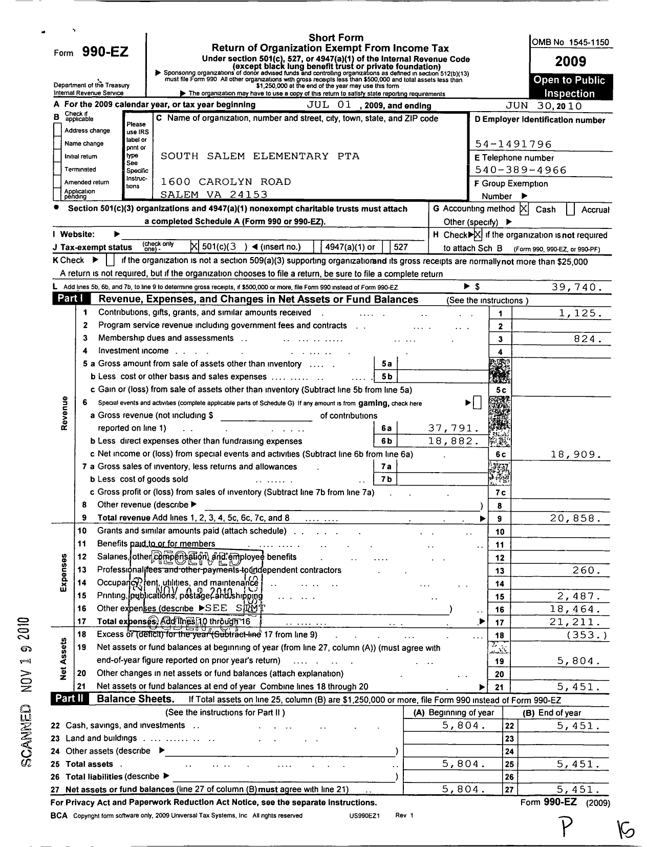 Image of first page of 2009 Form 990EZ for Virginia Congress of Parents and Teachers