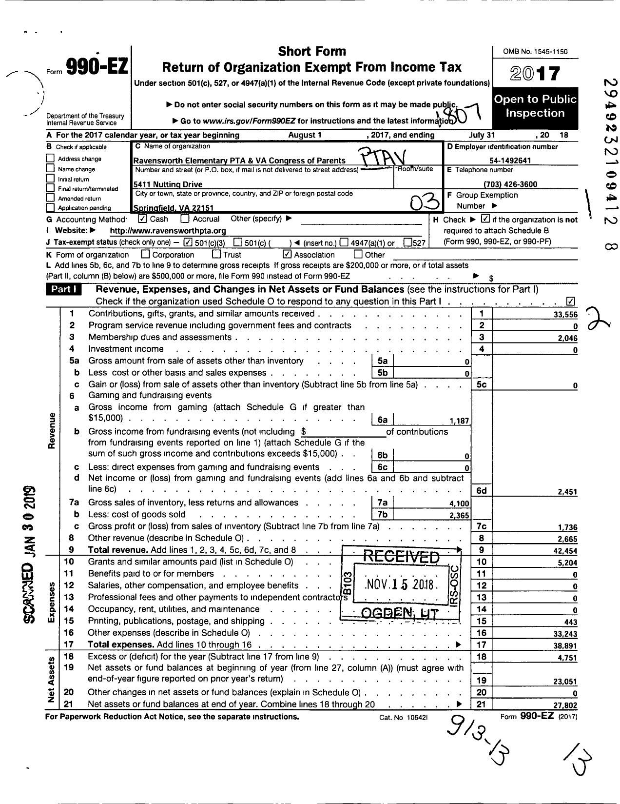 Image of first page of 2017 Form 990EZ for Virginia PTA - Ravensworth Elem PTA