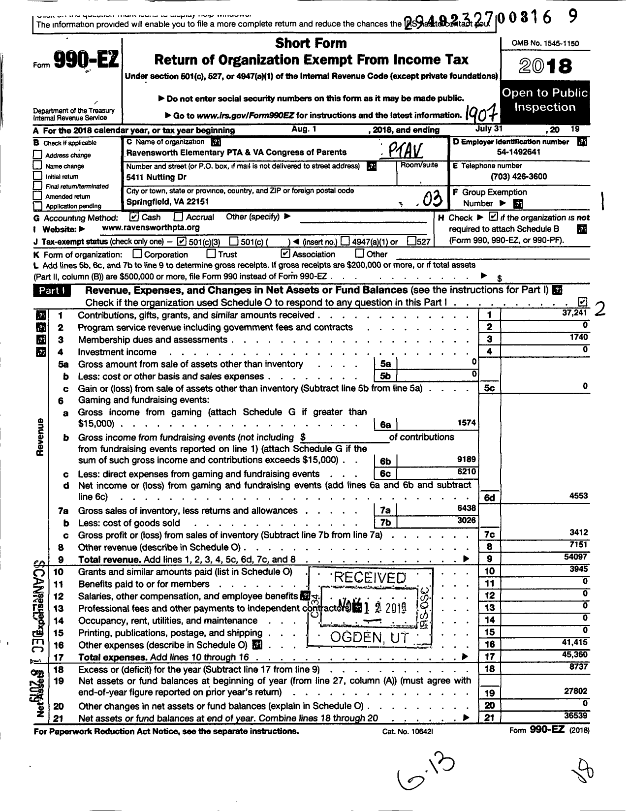 Image of first page of 2018 Form 990EZ for Virginia PTA - Ravensworth Elem PTA