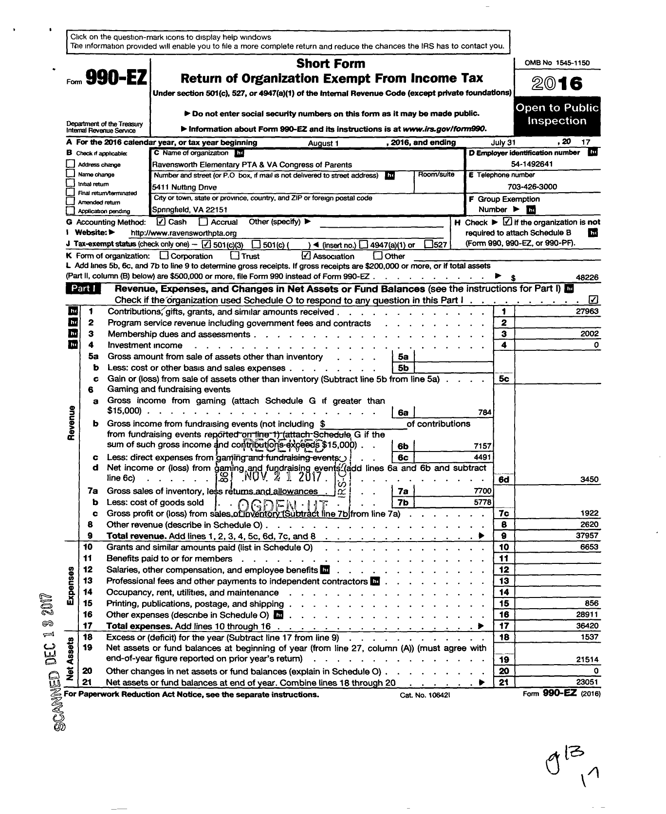 Image of first page of 2016 Form 990EZ for Virginia PTA - Ravensworth Elem PTA