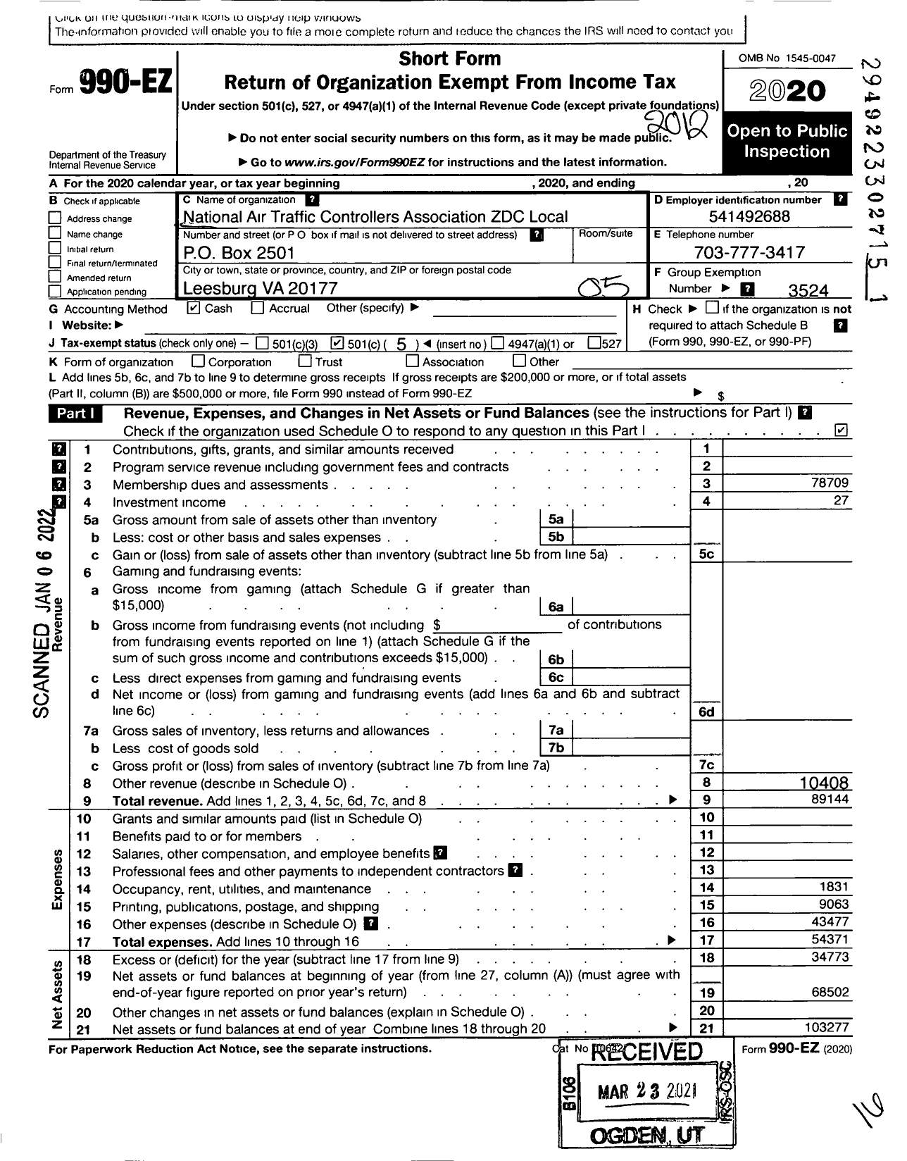 Image of first page of 2020 Form 990EO for NATIONAL AIR TRAFFIC CONTROLLERS ASSOCIATION / Natca Local ZDC
