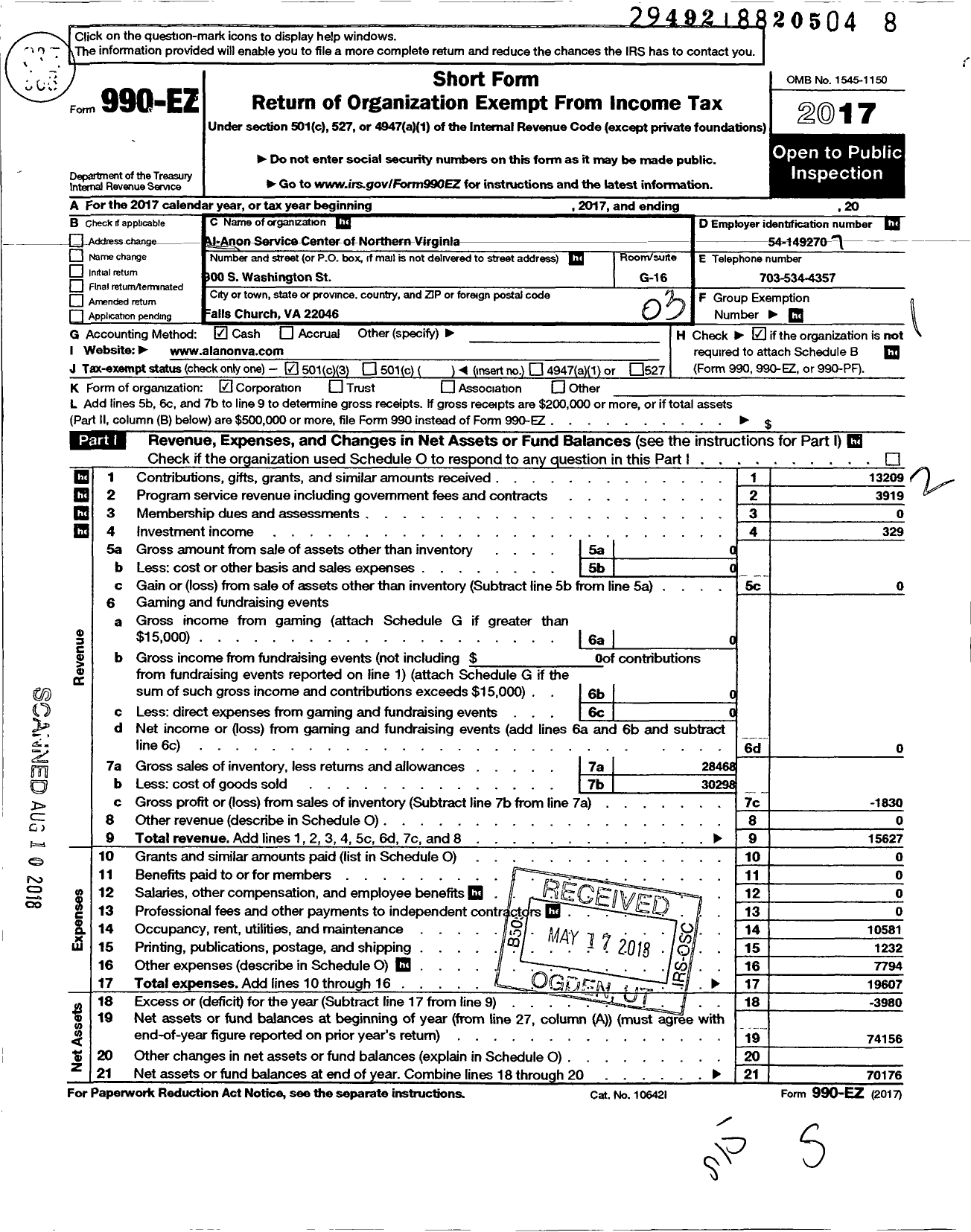 Image of first page of 2017 Form 990EZ for Al-Anon Service Center of Northern Virginia